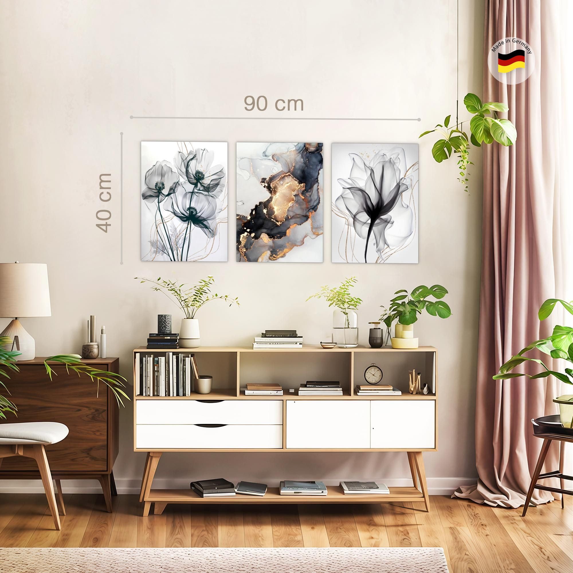 Novart Wandbild Wohnzimmer Blumen Schwarz Abstrakt Feuer, (3 St) – Bild 3 von 5