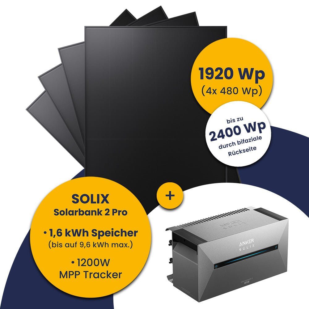 Kleines Kraftwerk Balkonkraftwerk, 1920 W, Monokristallin, (ohne Halterung), 4 x 480W, Anker Solarbank 2 Pro