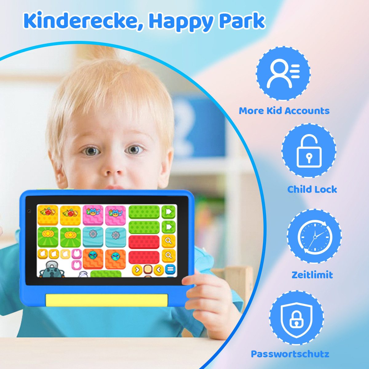 Happybe 7 Zoll 64GB HD-Display mit Schreibtafel, Kopfhörer & Tasche Kinder Tablet (7", 64 GB, Android, Android 15, Vorinstallierte Kindersoftware, Lernen durch  – Bild 4 von 5