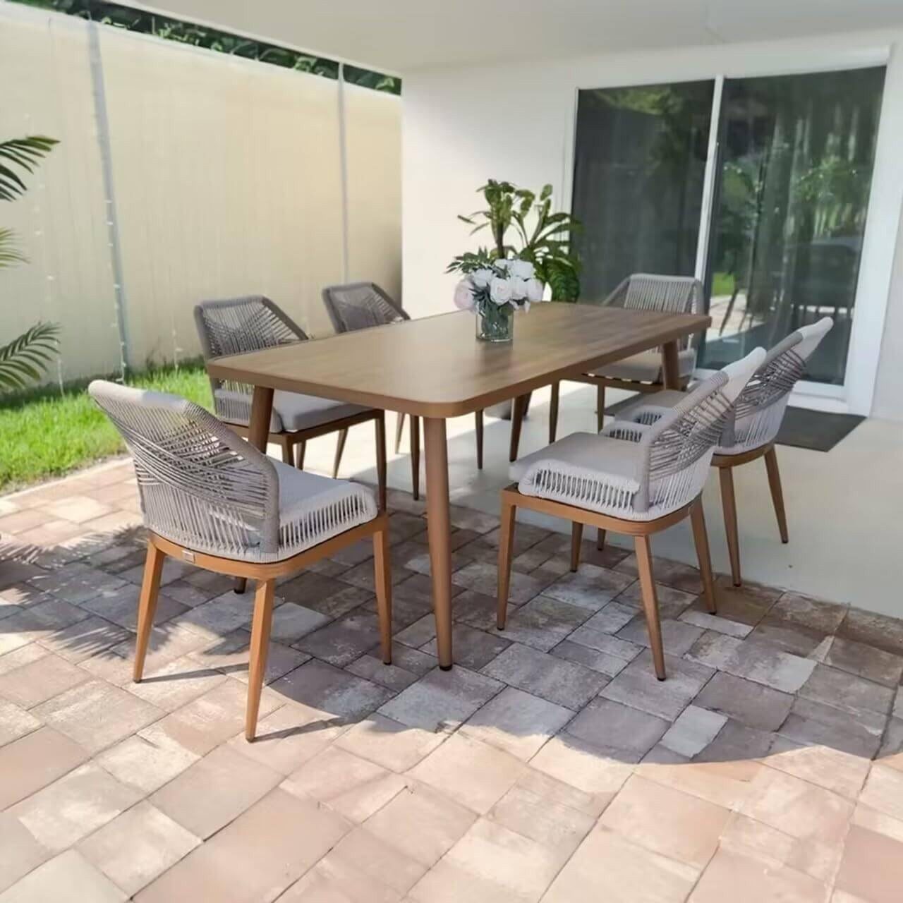 PURPLE LEAF Garten-Essgruppe Gartenmöbel Rattan Teakoptik Aluminium mit Kissen, Landhausstil, (Set), mit Kissen und Rückenlehne
