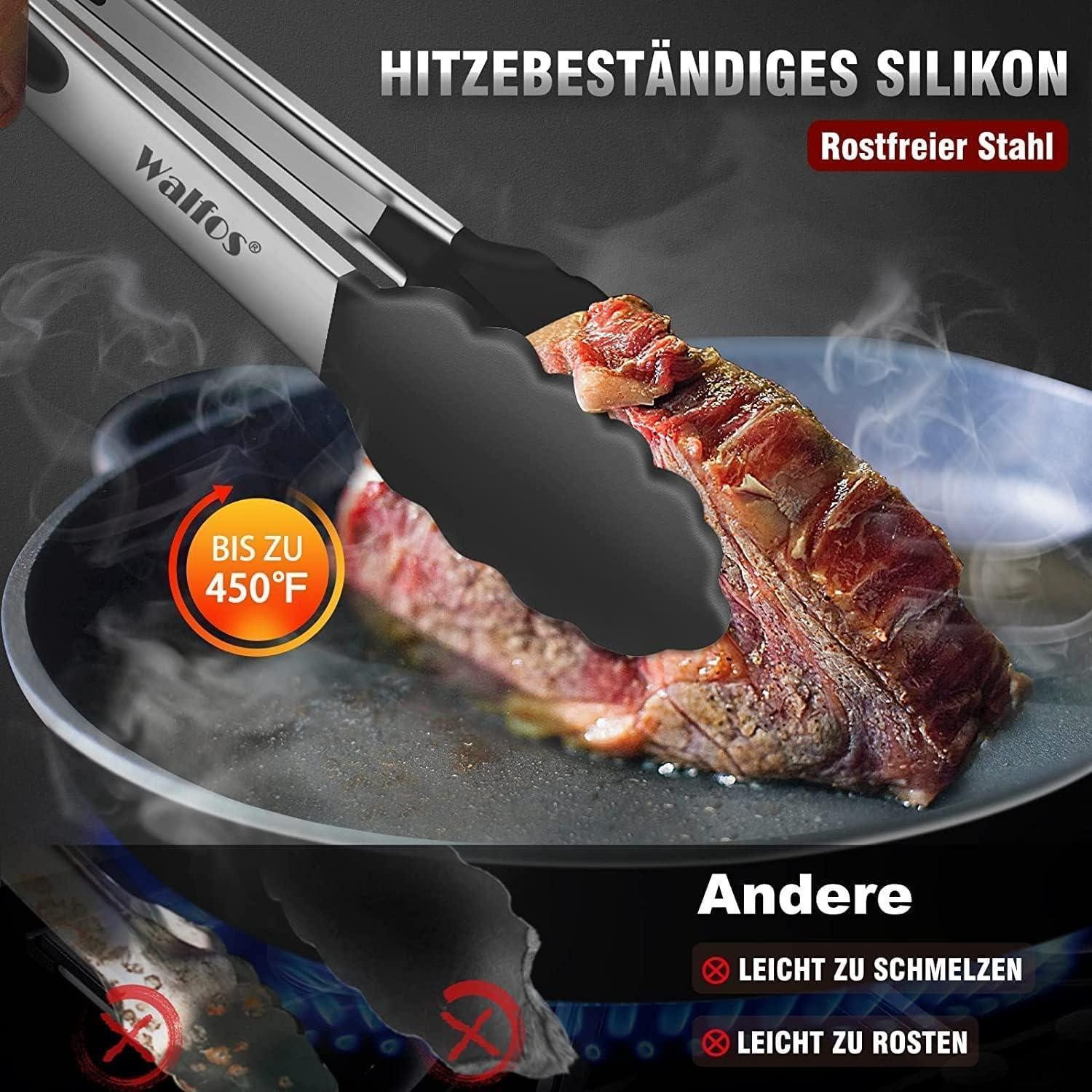 LuxusKollektion Grillzange Küchenzange 4er Set hitzebeständig Edelstahl 4pcs Silicone Tong Black