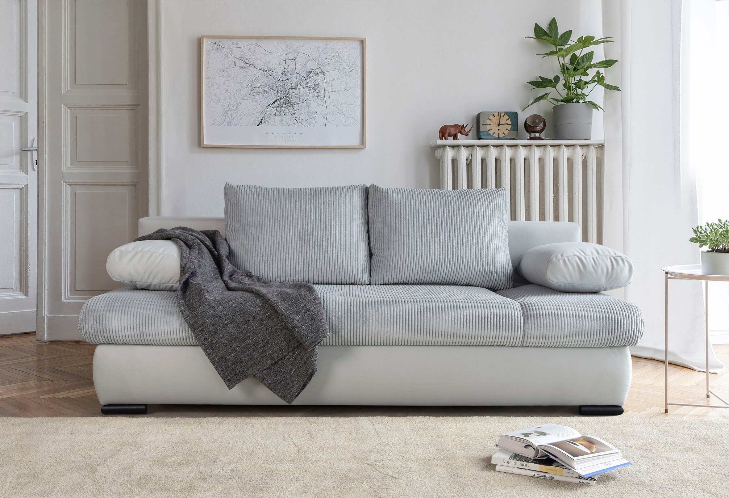 COLLECTION AB Schlafsofa Chicago, B: 200 cm, Liegefl. 146x200 cm, Schlaffunktion, Bettkasten & 2 Armlehnenkissen, Federkern
