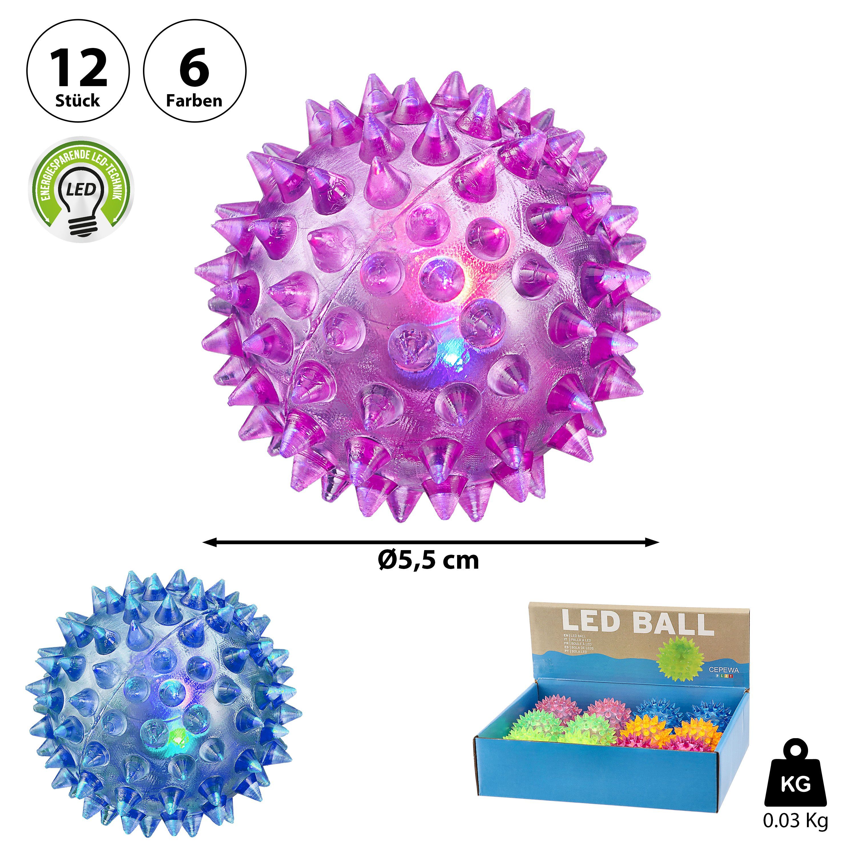 CEPEWA Massageball LED Massageball 12er Set 6 Farben Ø5,5cm Gummi blinkender Noppenball – Bild 2 von 5