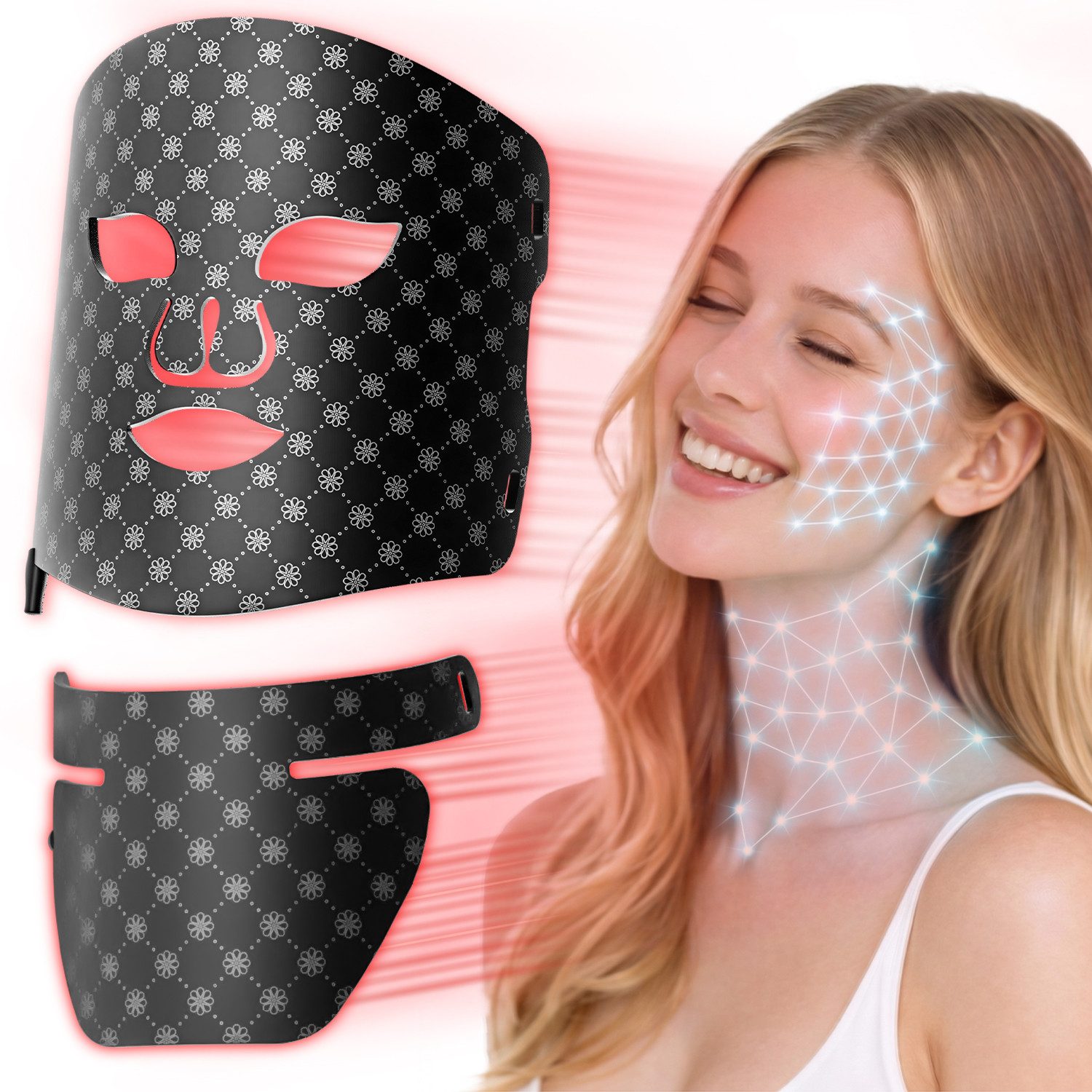 SWGOTA LED-Gesichtsmaske LED Gesichts- und Nackenmaske mit 7 Farben und 660 LEDs für Zuhause, LED Gesichtsmaske mit Rotlichttherapie,5 Intensitäten,Timer