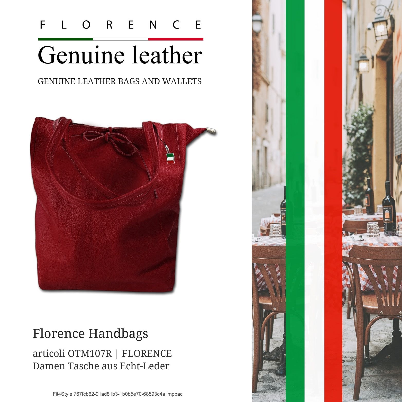 FLORENCE Shopper Florence ital. Shopper Echtleder Damen (Schultertasche, Shopper), Damen Shopper, Schultertasche Leder, rot, Größe ca. 28cm