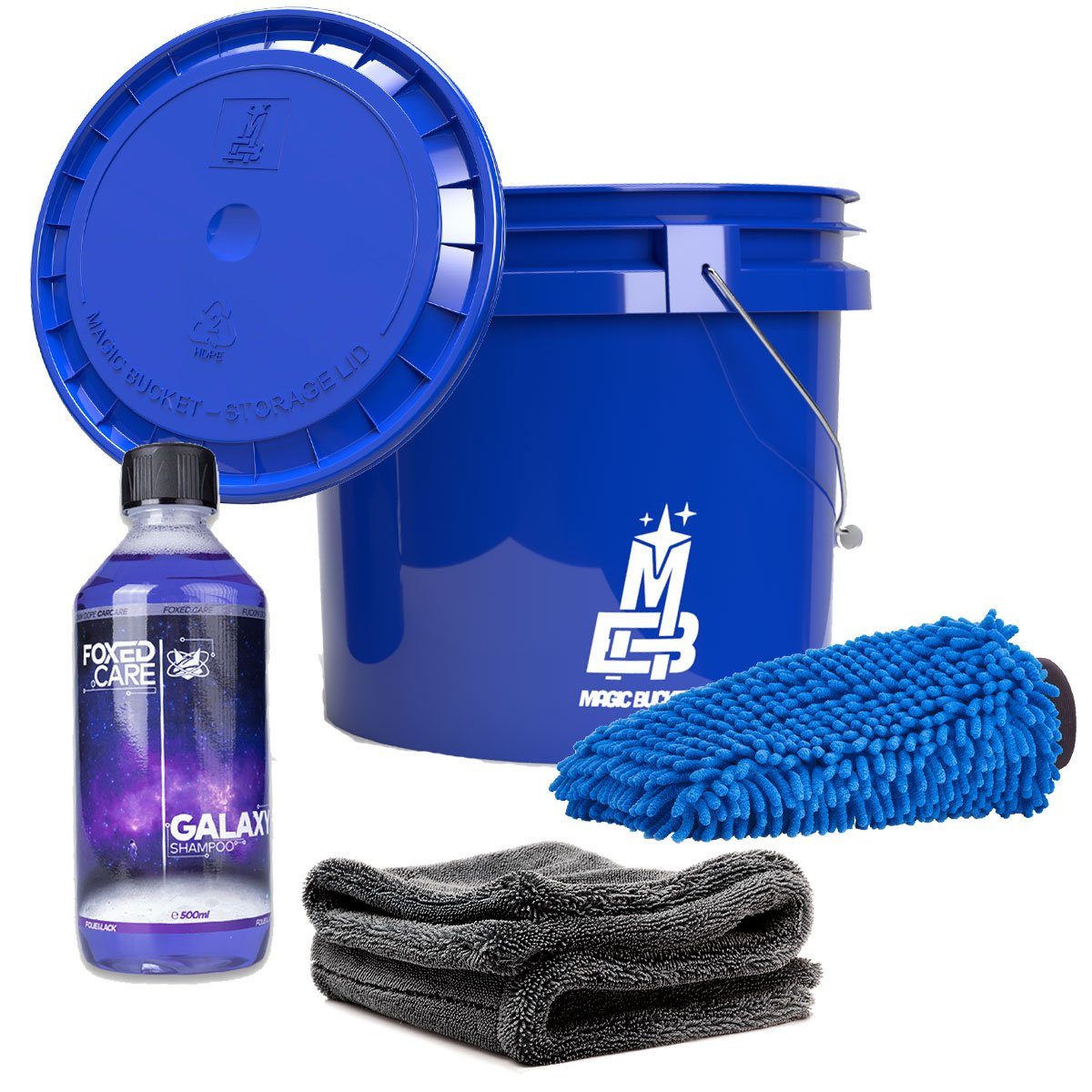detailmate Reinigungs-Set Magic Bucket Waschset + Zubehör Blue Set, Wascheimer mit Deckel - Mikrofasertuch - Autoshampoo - Waschhandschuh