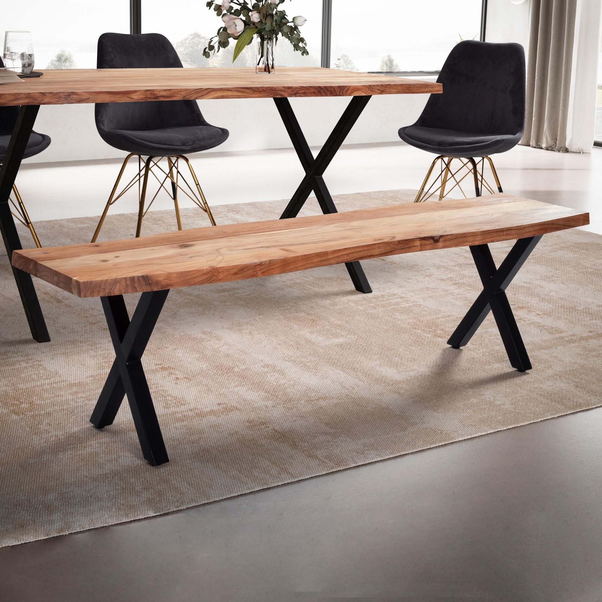 FINEBUY Essbank FB68406 Esszimmerbank Sitzbank Akazie Massivholz Baumkante (Akazie Massivholz 120x40x45,5 cm, Baumkante Modern), Esszimmerbank Baumstamm, Sitzbank Esszimmer Holz