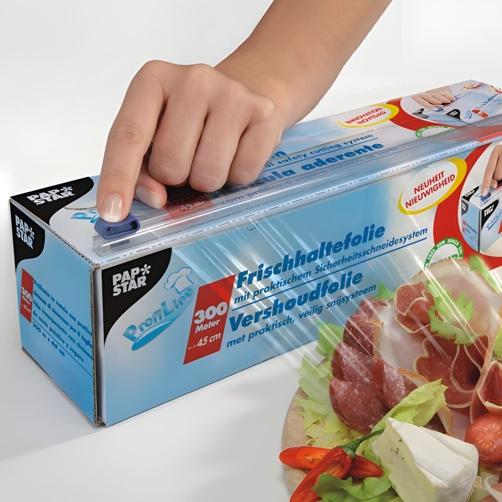 PAPSTAR Frischhaltefolie Frischhaltefolie, PVC 300 m x 30 cm mit praktischem Schneidesystem, (