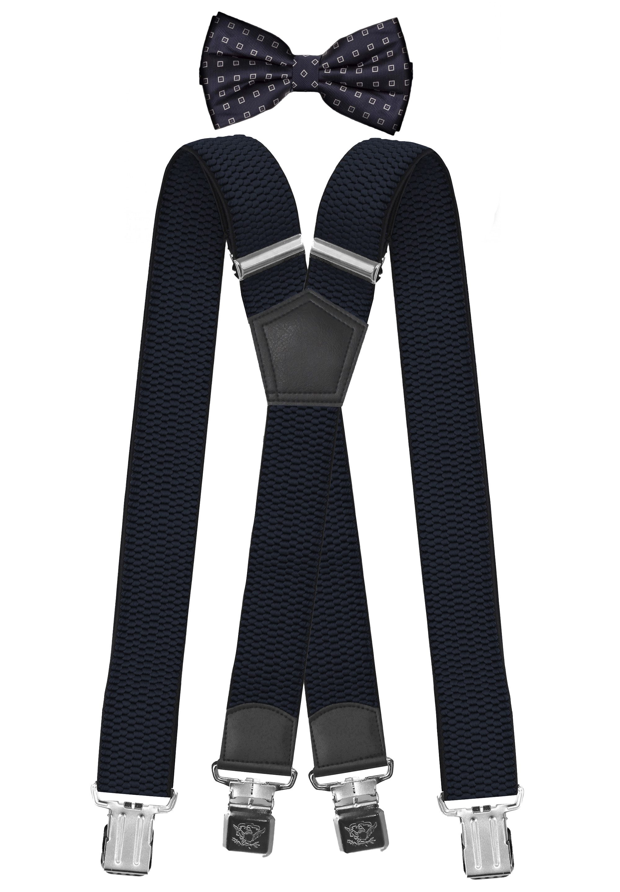 Fabio Farini Hosenträger Herren Hosenträger Pack 4cm X-Form mit passender Fliege Set Dunkelblau 4cm Hosenträger - Dunkelblau/Weiß/Grau Gepunktet Fliege