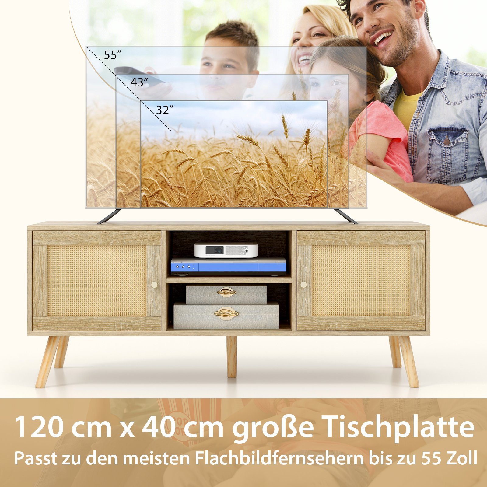 COSTWAY TV-Schrank aus Türen & Holz, Rattan 120x40x48,5cm mit Fächern, 2