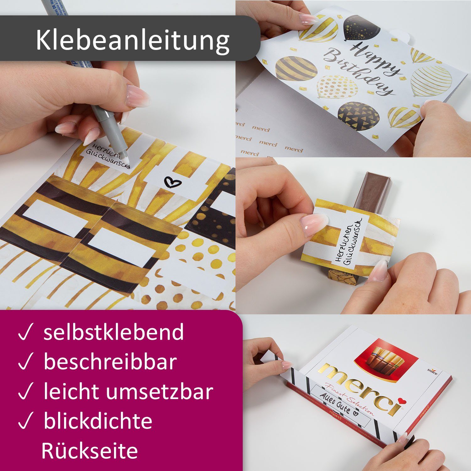 younikat Aufkleber Aufkleber-Set für Merci Schokolade mit vorgedruckten Aufklebern I