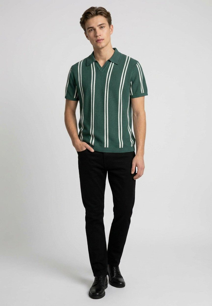 SUBLEVEL Poloshirt Strick-Poloshirt mit Streifen Vertikale Retro-Streifen, offener Polokragen