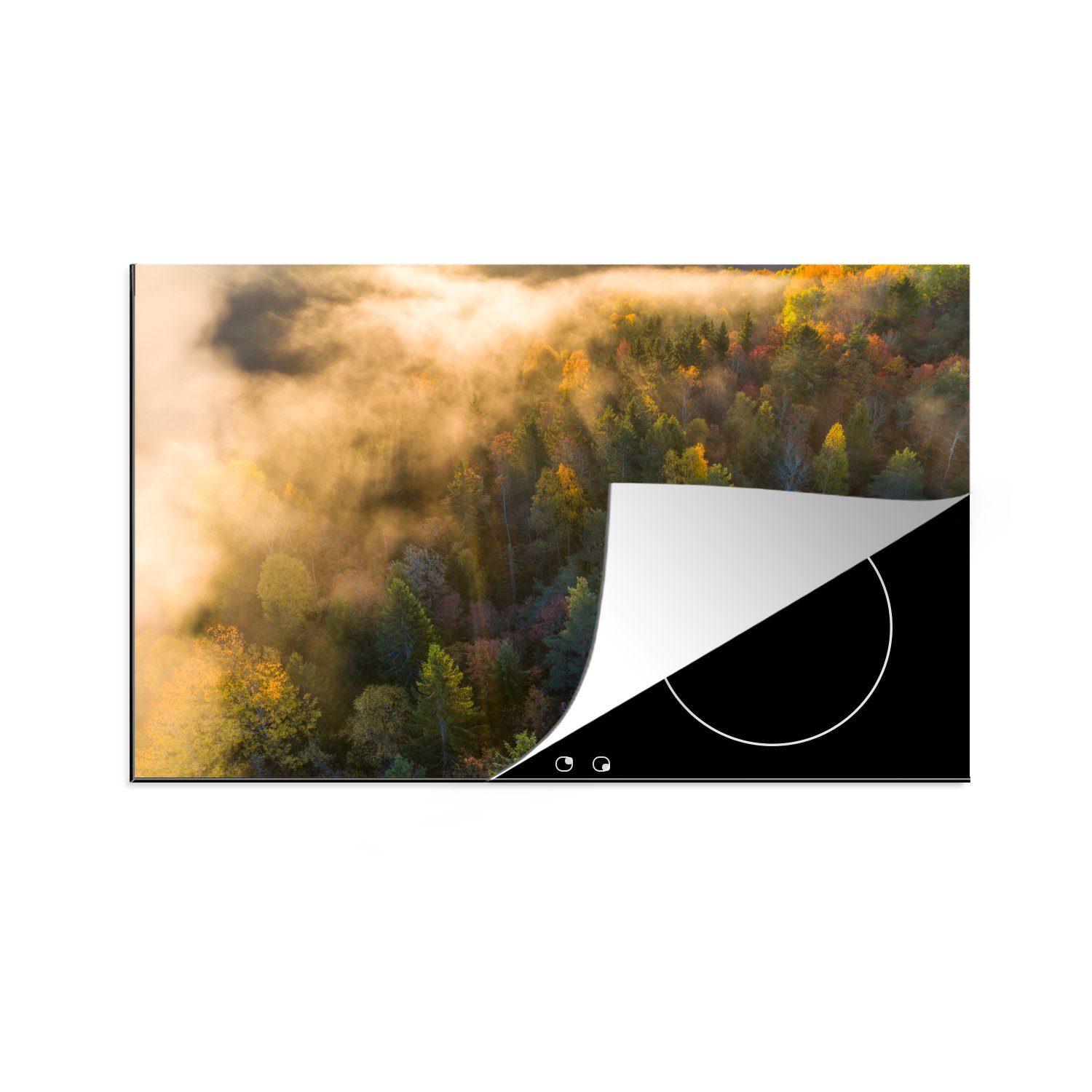 Induktionskochfeld Schutz cm, (1 Nebel küche, - Ceranfeldabdeckung Sonnenuntergang, die für Vinyl, MuchoWow - 81x52 tlg), Herdblende-/Abdeckplatte Wald