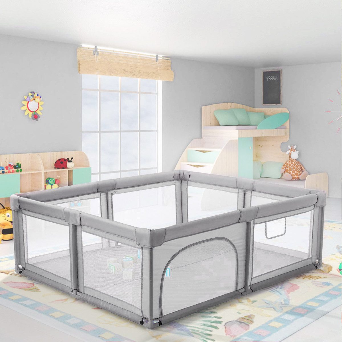 bioby Laufgitter, Kinder Laufstall Schutzgitter Babyzaun atmungsaktive 150x150x55cm