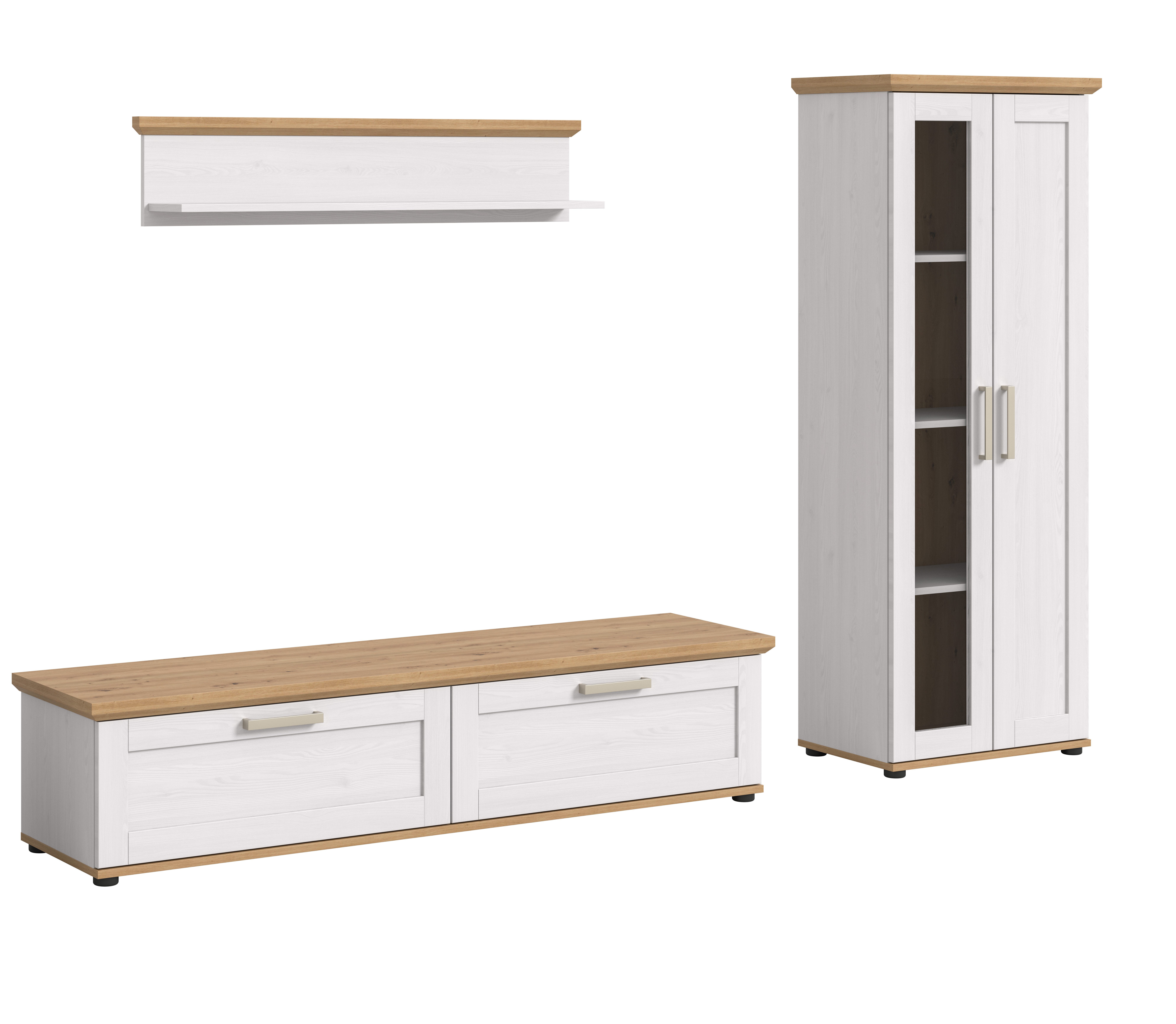furnling Wohnzimmer-Set Viola, (3-St., bestehend aus Lowboard, Vitrine, Wandboard), Wohnzimmerschränke, Absetzungen in Artisan Eiche, Breite 240 cm