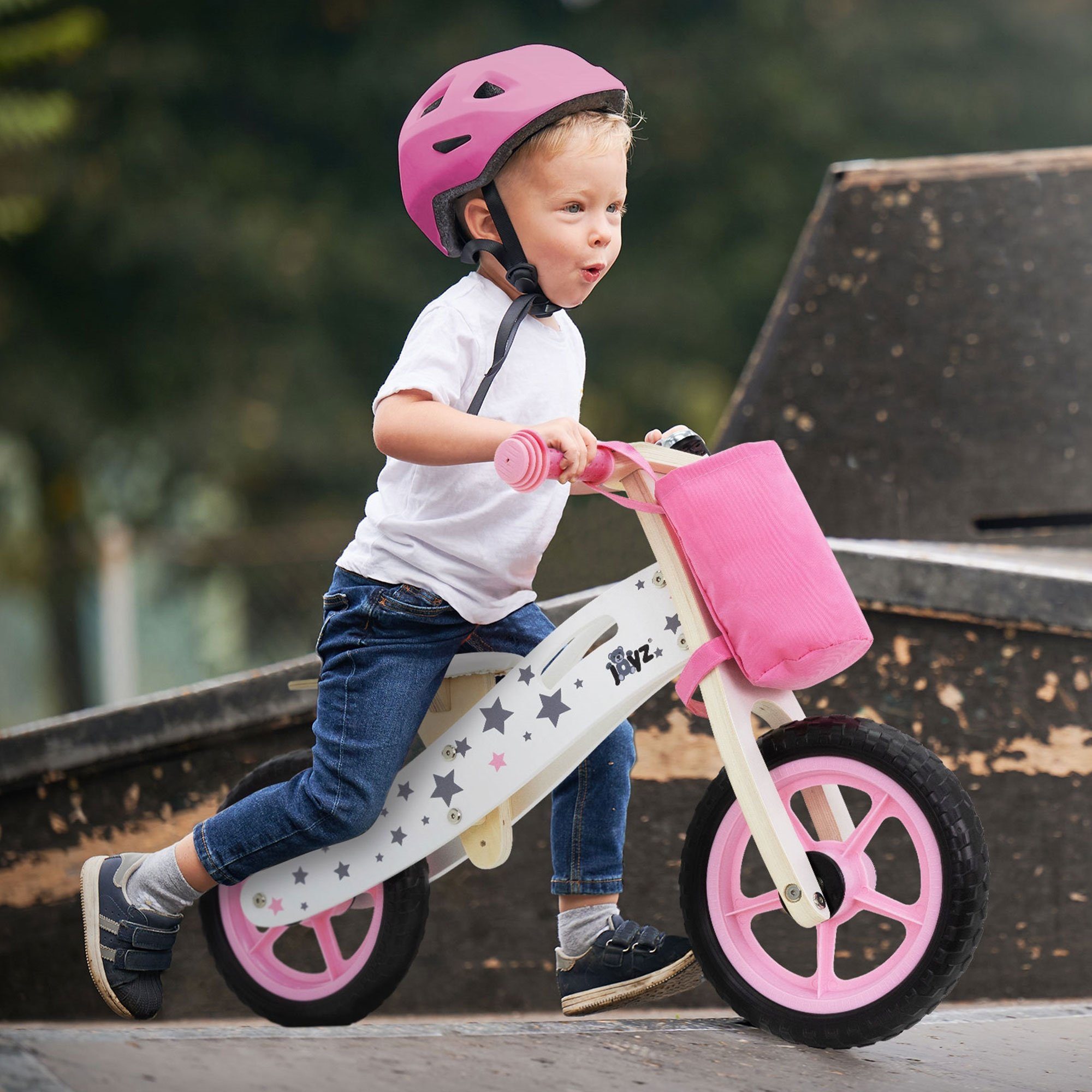 Joyz Laufrad Lauflernrad Kinderfahrrad Kinderlaufrad Holzlaufrad 11 Zoll, Holz Pink ab 2 Jahren verstellbarer Sitz 11 Zoll-EVA-Räder Stoffbeutel