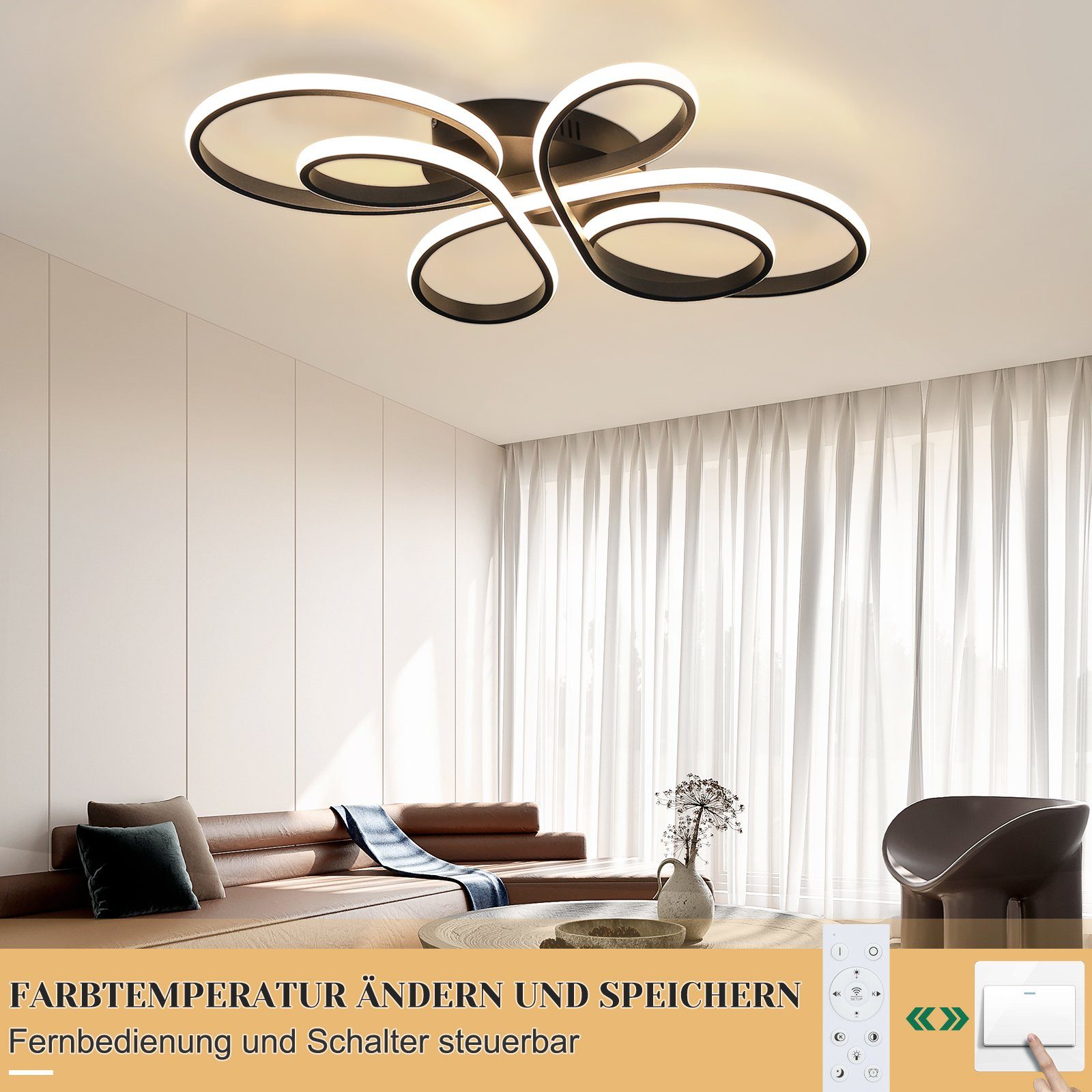 Nettlife LED Deckenleuchte Modern Schwarz Dimmbar Wohnzimmer 65W 40/66/80/100CM deckenlampe, LED fest integriert, Kaltweiß, Warmweiß, Neutralweiß, Schlafzimmer, – Bild 4 von 5