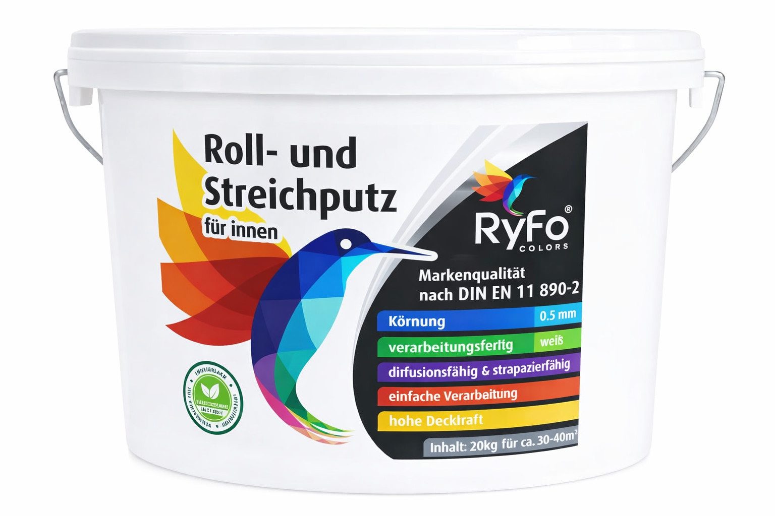 RyFo Colors Kunststoffputz Roll und Streichputz für innen, 20kg,verarbeitungsfertig,1,5–3,5 kg/m²