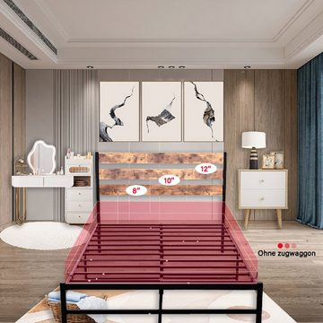 HAUSS SPLOE Metallbett Modern Metallbett Bettgestelle Einzelbett Gästebett Bettrahmen (für Erwachsene und Kinder, mit braunem Vintage-Kopfteil aus Holz), Einfach zu installieren, 120*200cm, Schwarz