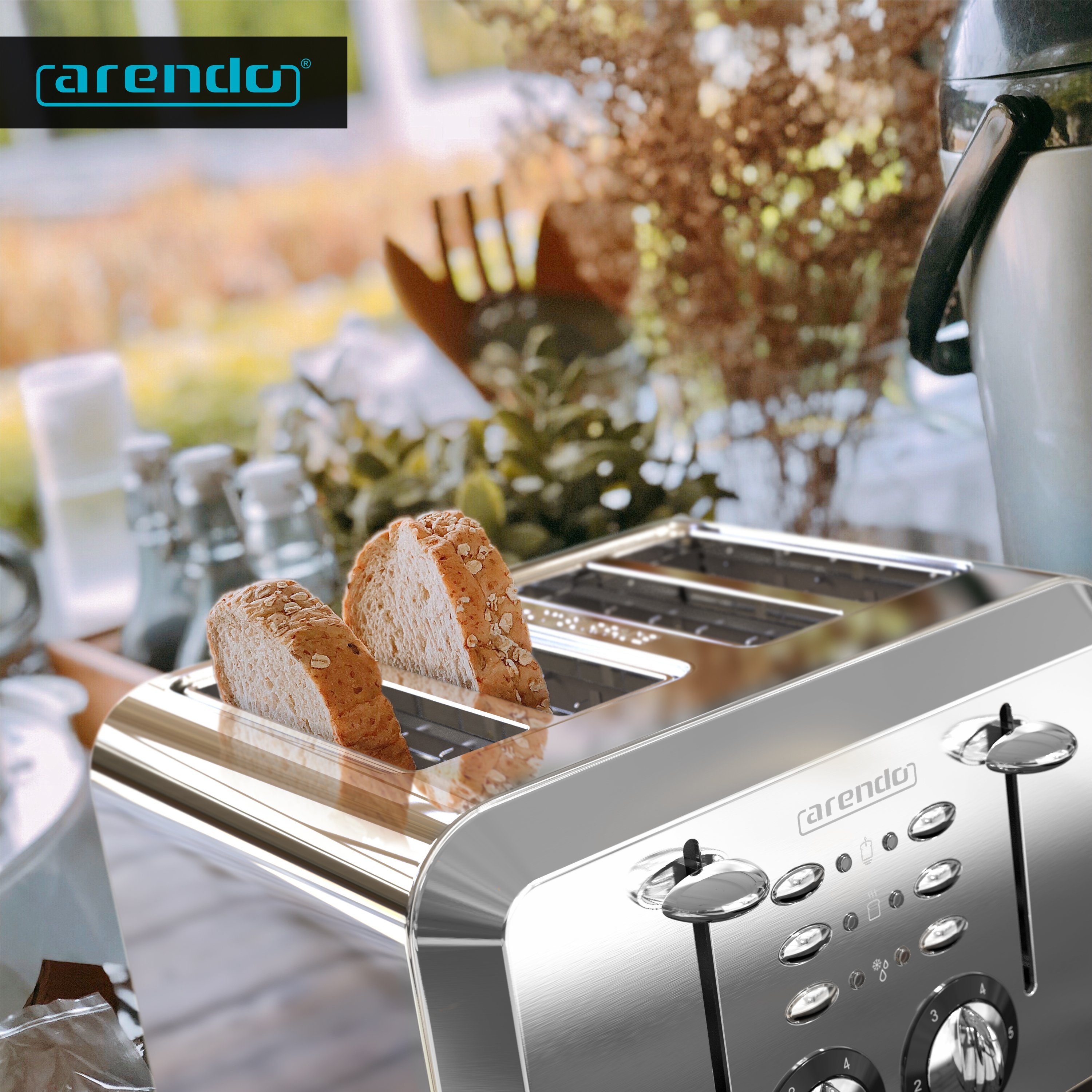 Arendo Toaster, 4 kurze Scheiben, silber Edelstahl, Wärmeisolierendes Schlitze, Automatik, für 1630 4 Doppelwandgehäuse W
