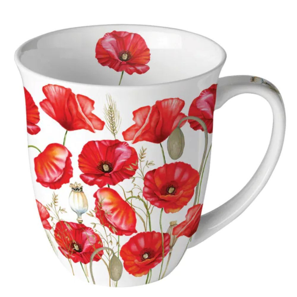 Ambiente Luxury Paper Products Becher Porzellan Mohn Wiese / Blumen, Pflanzen Mug Kollektion, Porzellan Mohnwiese, Mohnblumen Blumen - Pflanzen, Tasse -Tee/Kaffee - Ideal Als Geschenk