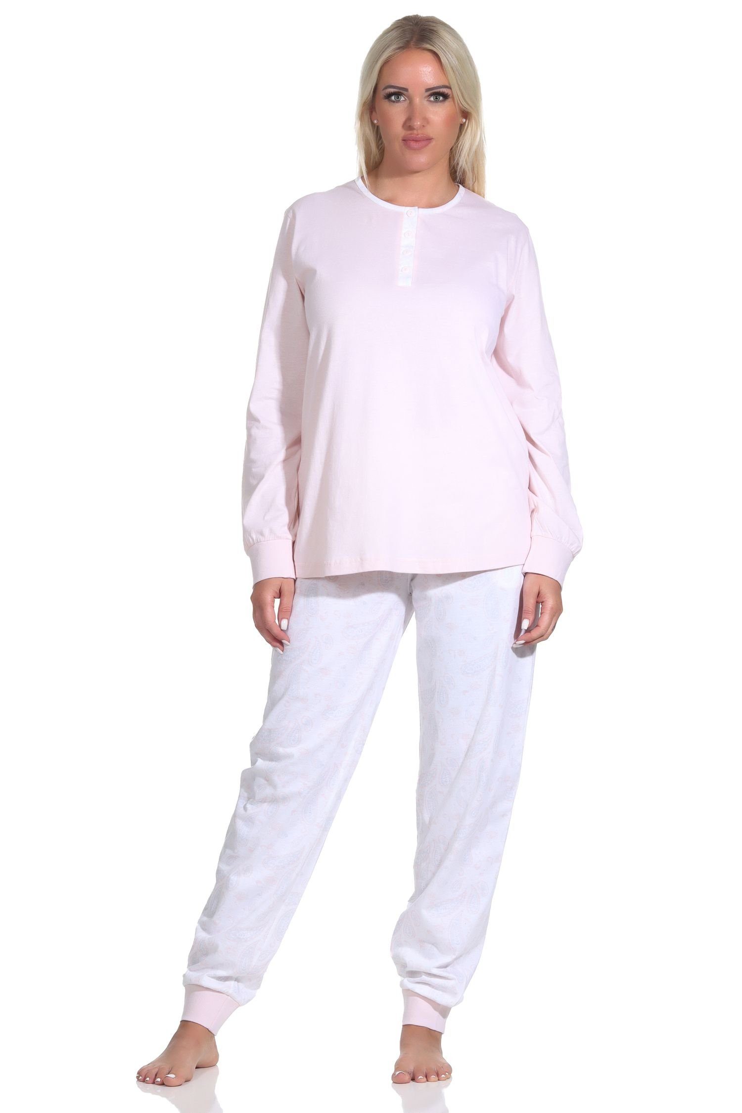 Normann Pyjama Damen Schlafanzug langarm mit Knopfleiste + Paysley gemusterter Hose rosa