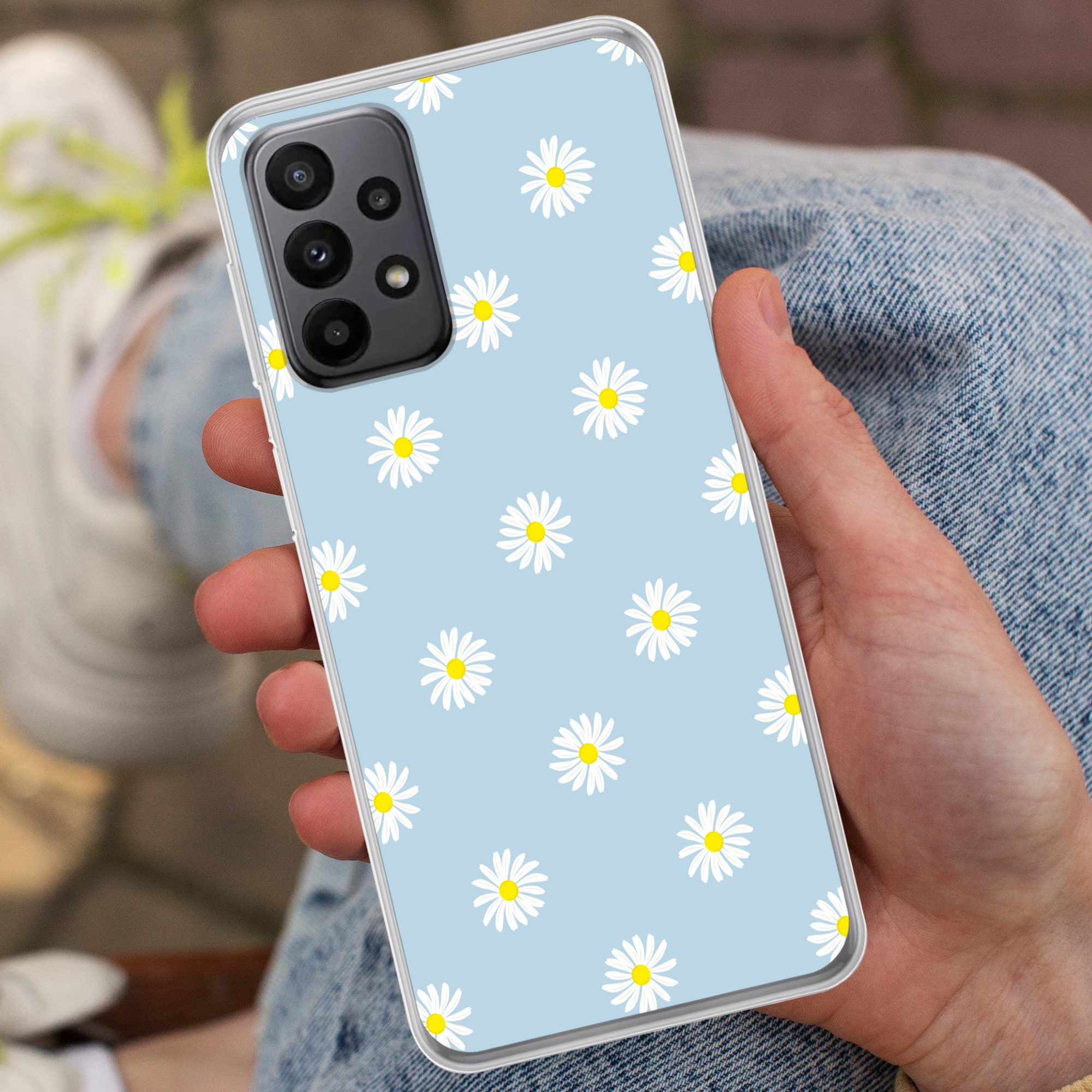 MuchoWow Handyhülle für Samsung Galaxy A23 5G Gänseblümchen - Pastell - Weiß - Blau - Blum, Smartphone-Bumper, Print, Handy Schutzhülle Dünn