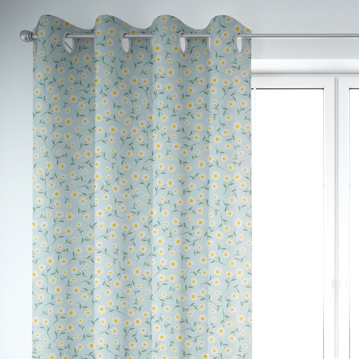 SCHÖNER LEBEN. Vorhang Gardine Gänseblümchen blau oder natur weiß in 245cm, Ösen, blickdicht, Kunstfaser, made in Germany,handmade,vorgewaschen