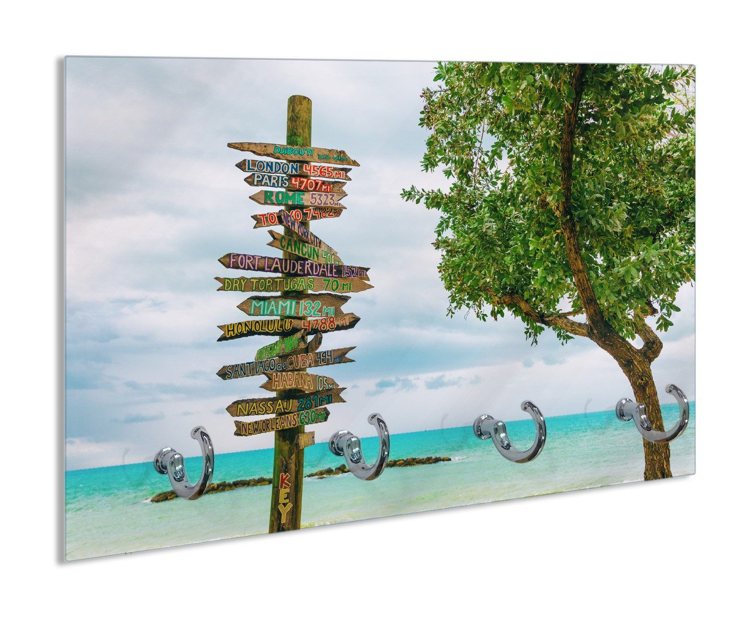 Wallario Handtuchhalter Wegweiser im Paradies, aus Glas mit 4 Metallhaken