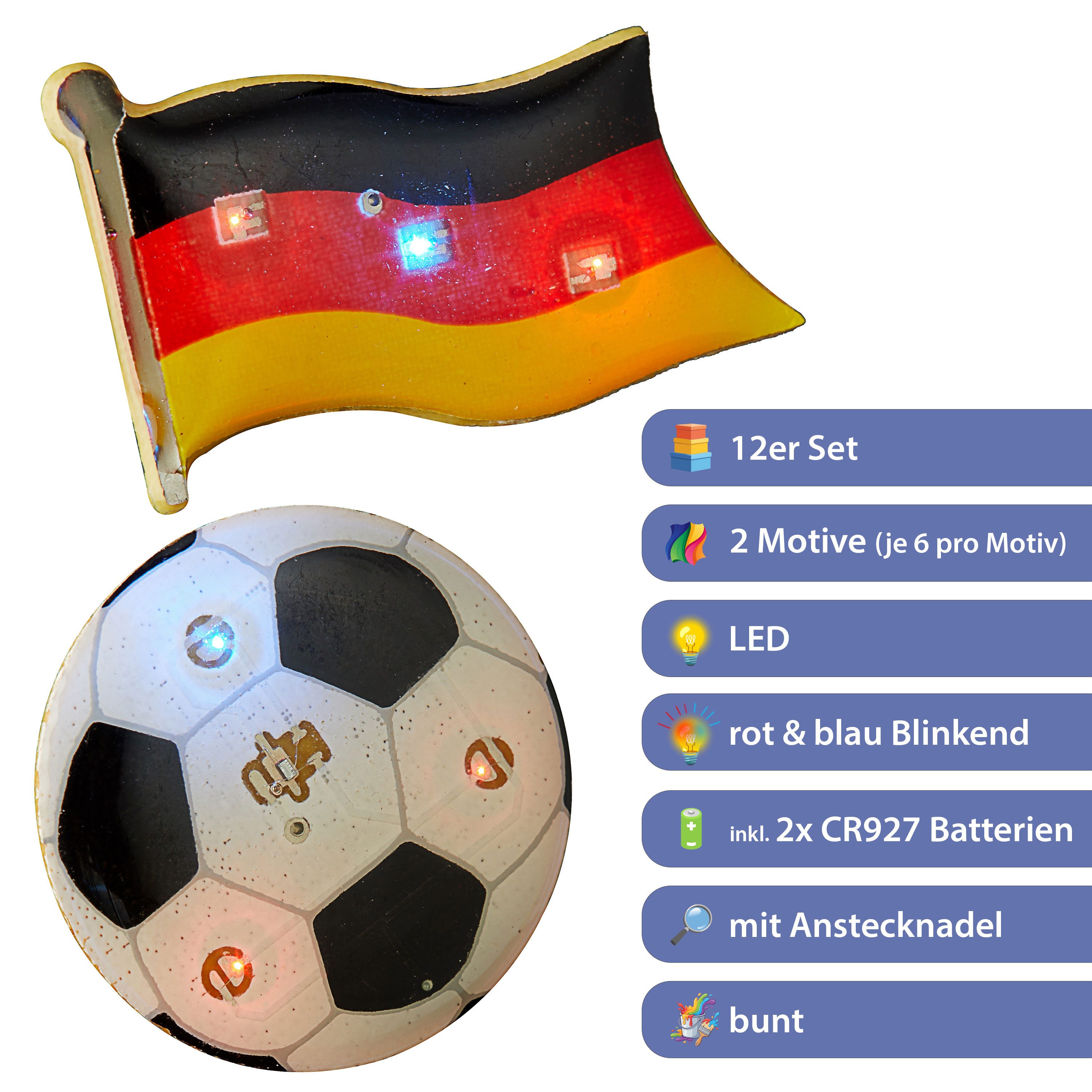 CEPEWA LED Blinklicht 12er Set LED Blinki Fussball Fahne Anstecknadel Magnet WM EM Blinken