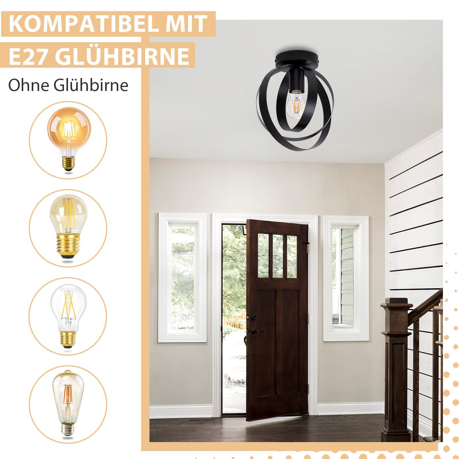 360°, Deckenlampe Flur E27 Gang Esszimmer ohne Metall Schwenkbar Deckenleuchte Nettlife Vintage Lampenschirm, Fassung für Korridor Leuchtmittel, Schwarz Schlafzimmer Innen