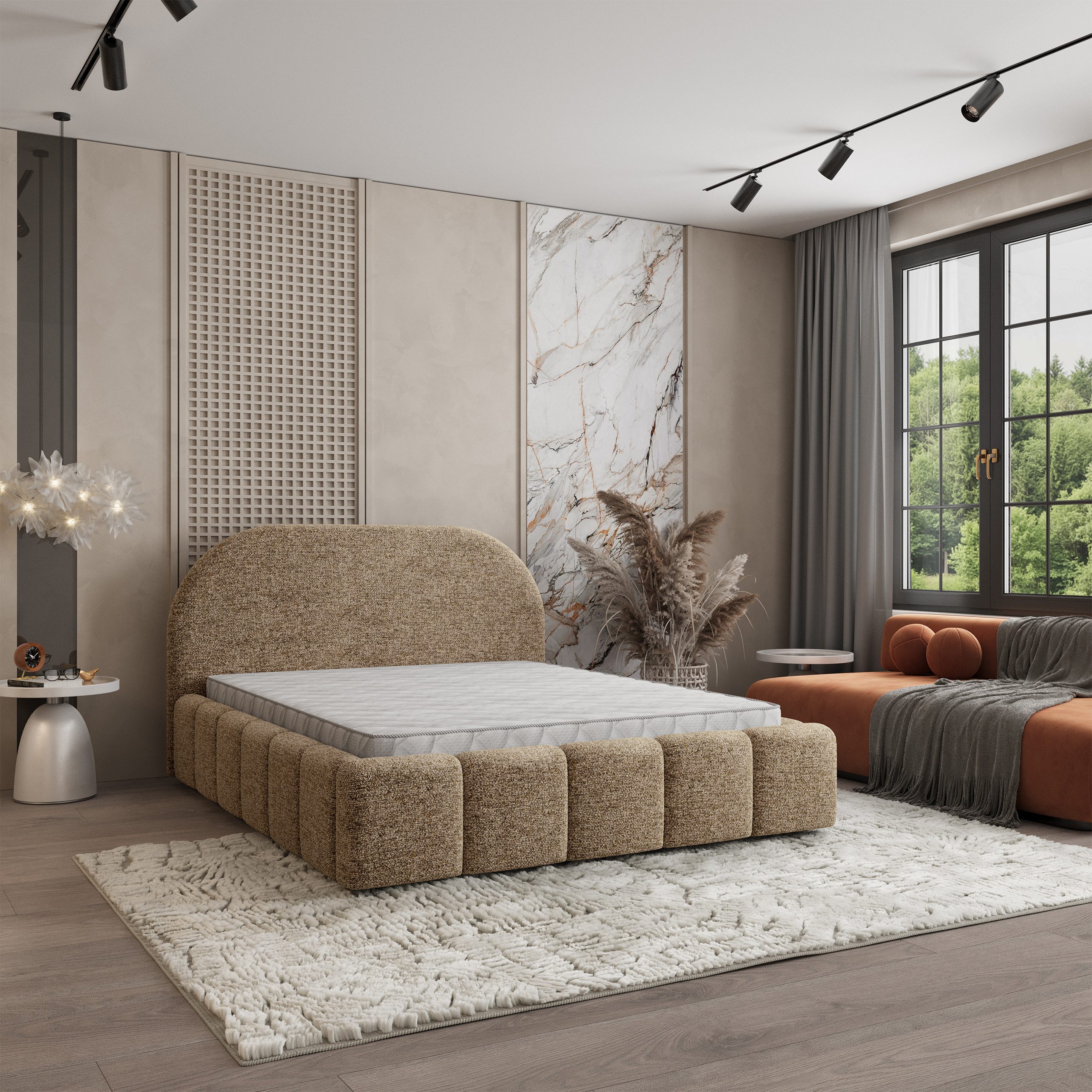 Masseno Polsterbett FLUSSO 140x200 cm beige (mit Bettkasten und Lattenrost)