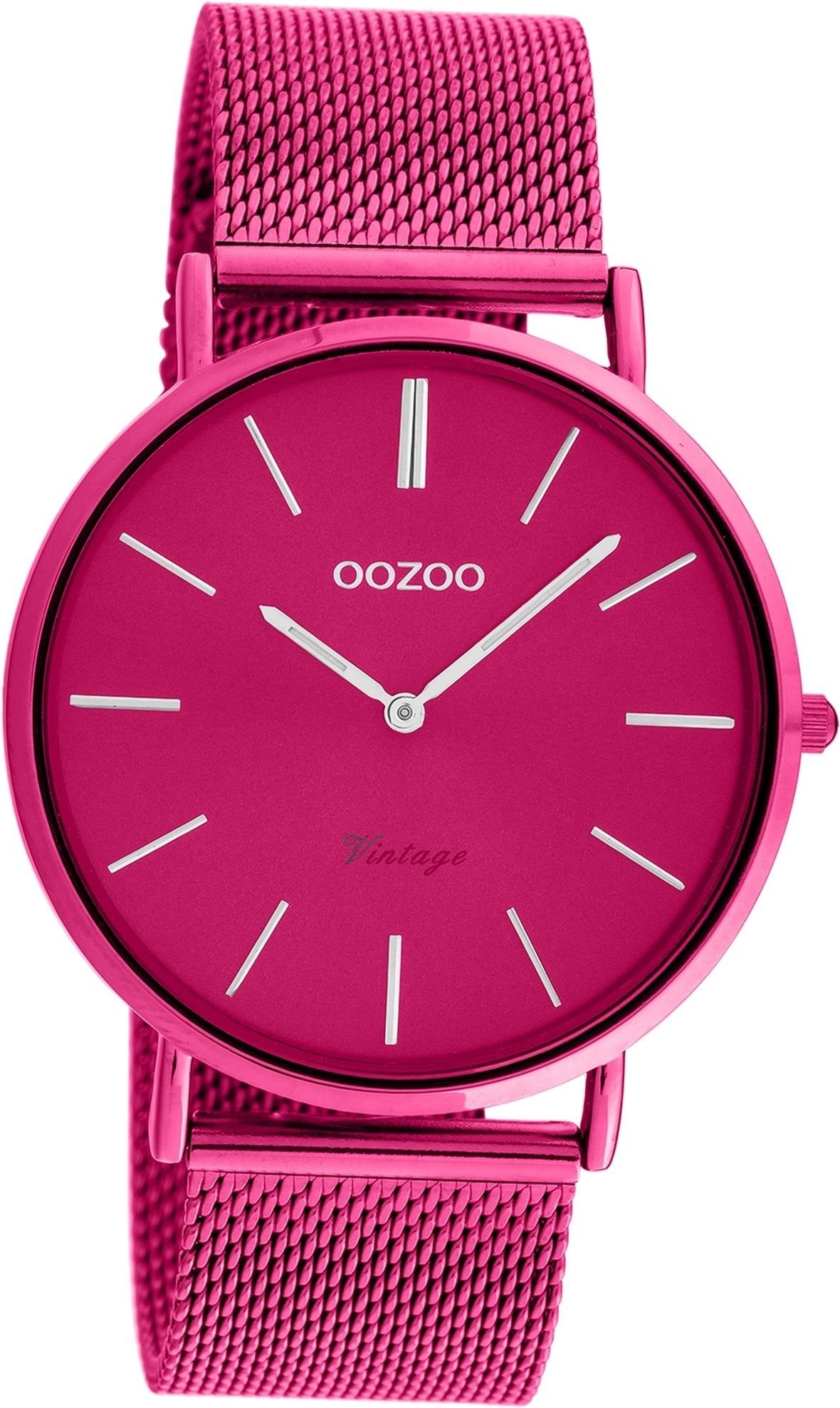 OOZOO Quarzuhr Oozoo Damen Armbanduhr Vintage Series, Damenuhr Metall, Mesharmband pink, rundes Gehäuse, groß (ca. 40mm)