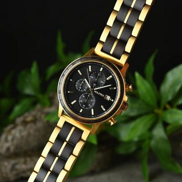 Holztick Bavaria Chronograph Ikarus, besonders edle Männeruhr aus Ebenholz und Edelstahl in Goldoptik