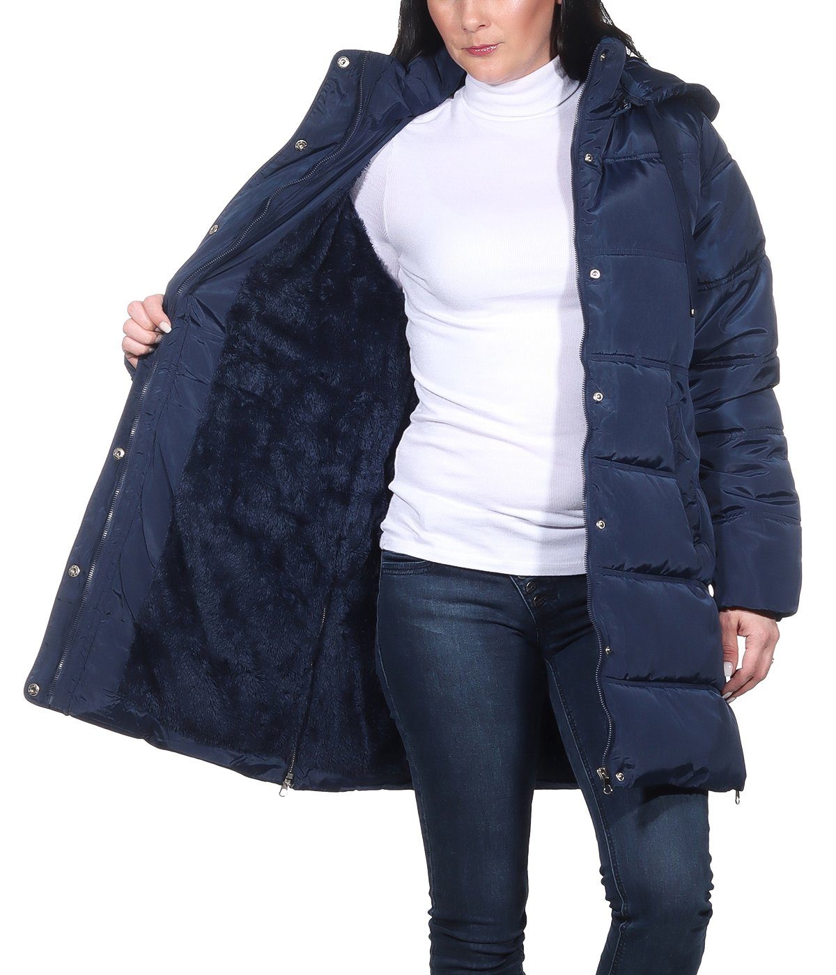 Aurela Damenmode Damen Winterjacke mit abnehmbare Marine Kapuze, warme Winterjacke Parka Steppjacke Teddyfell vollständig (1-St) Kurzmantel