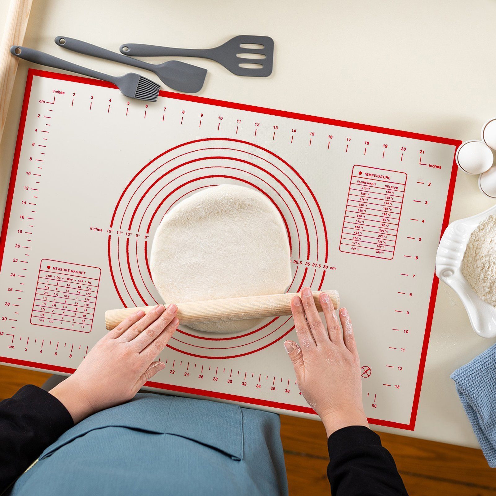 SunJas Backmatte 1/2er Silikon-Backmatte 60x40cm, Antihaft Backunterlage mit Messung, Silikon (1/2er set, 1-tlg., für Fondant Pizza Brot Matte BPA Frei), Ausrollmatte Silikonmatte Backfolie Backpapier Arbeitsmatte