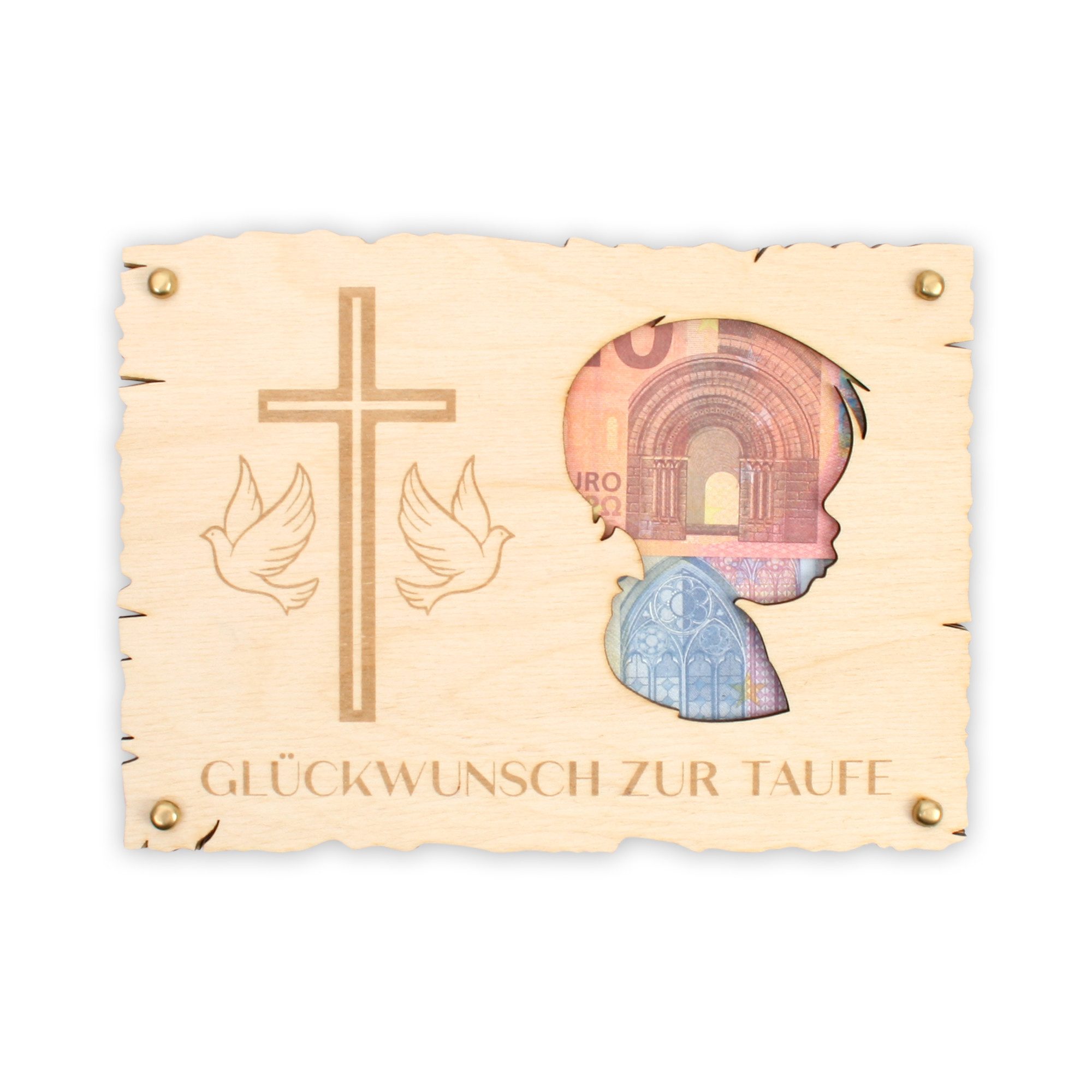 Kreative Feder Glückwunschkarte „Glückwunsch zur Taufe“ - Glückwunsch-Karte aus Holz, Geschenk-Karte für Geldgeschenke; Размер ca.: 14,6 x 19,7cm