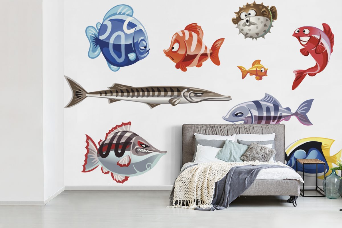 MuchoWow Fototapete Eine Illustration von Schlafzimmer, bedruckt, Kinderzimmer, für animierten Vinyl Matt, St), (6 Fischen, Tapete Wallpaper zehn Wohnzimmer