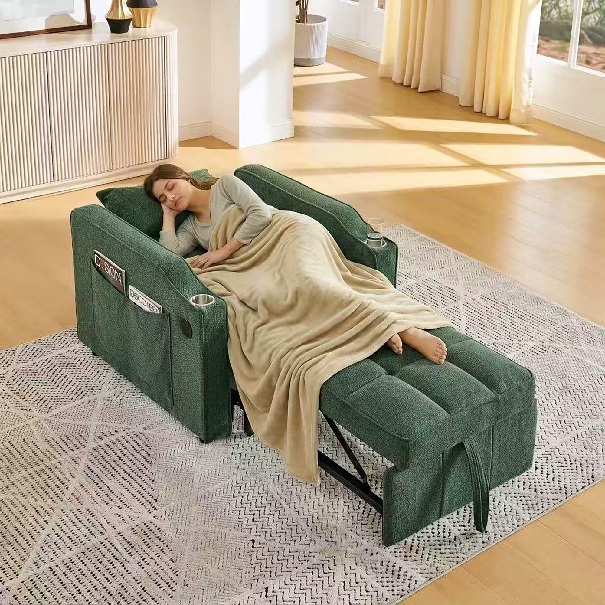 i@home Relaxsessel Schlafsessel mit Bettfunktion 3-in-1 Ausziehbares Schlafsofa (platzsparend für Wohnzimmer und Schlafzimmer), Verstellbarer Einzelsessel mit Seitentasche, für kleinen Raum, Grün