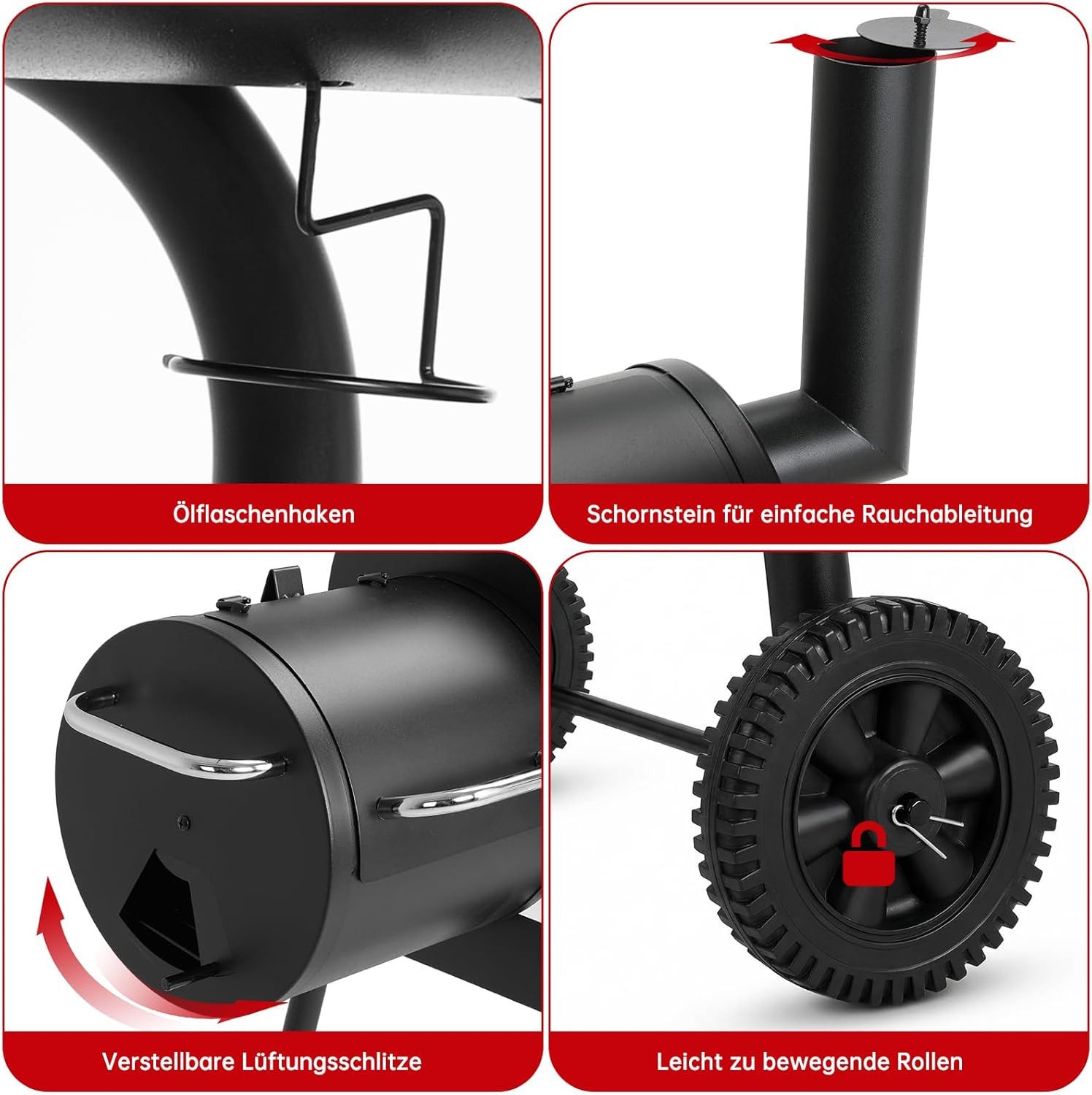 TLGREEN Holzkohlegrill BBQ Smoker Grill 2in1 Holzkohlegrill, Barrel Grill mit Schornstein, Thermometer, Lüftung, Grillablage, 2Rädern, Rauchgrill für Garten, Terrasse, Camping, Grillparty für 4–6 Personen