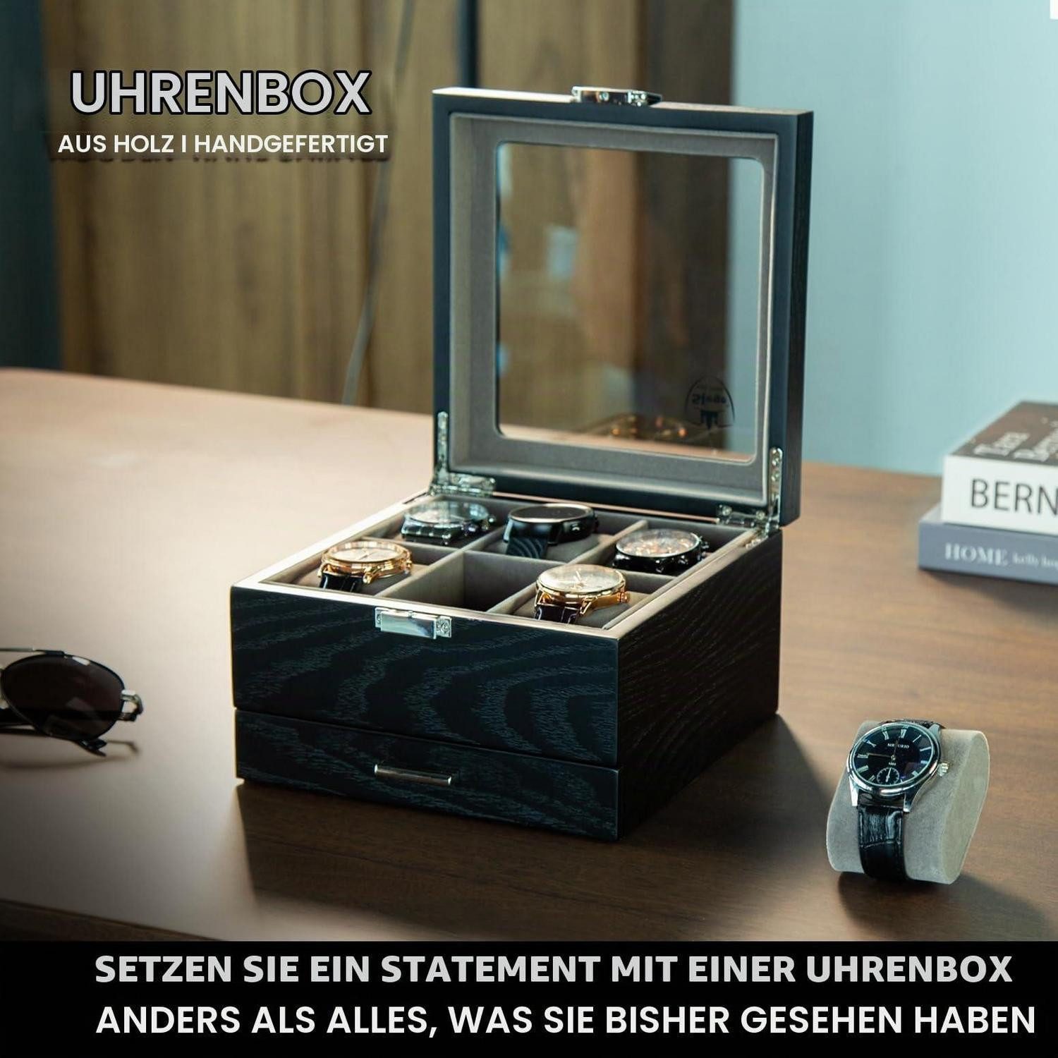 LuxusKollektion Uhrenbox Uhrenbox Holz 6 Fach Schublade Schwarz (1 St)