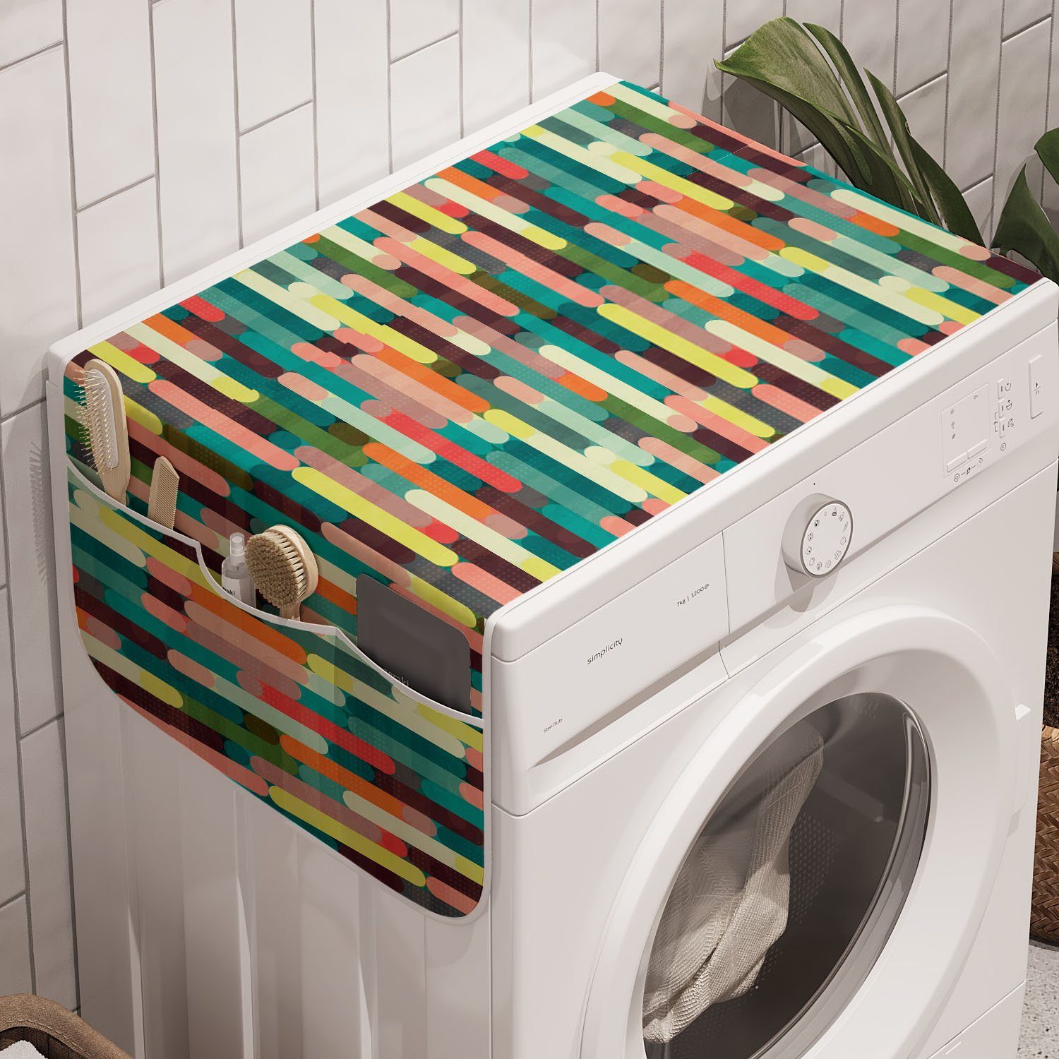 Stripes Trockner, Badorganizer Waschmaschine Anti-Rutsch-Stoffabdeckung Abstrakt Abakuhaus Grunge und Bunte für