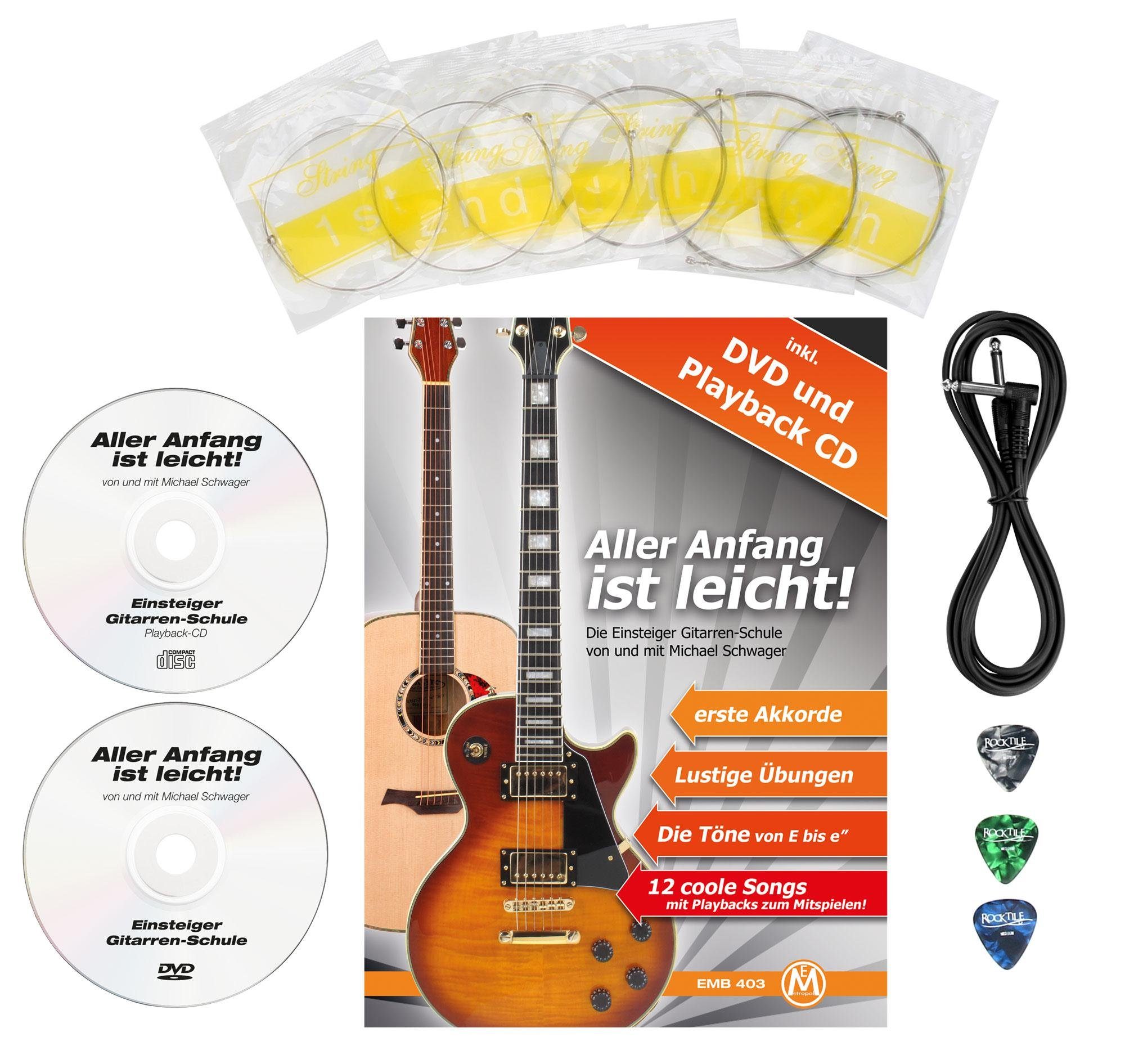 Rocktile E-Gitarre Pro ST3 Linkshänder elektrische Gitarre, ST-Sytle, Spar-Set, inkl. Gigbag, Kabel, Plektren, Schule & Saiten, Lefty Gitarre - 3 Single Coil Tonabnehmer - 22 Bünde