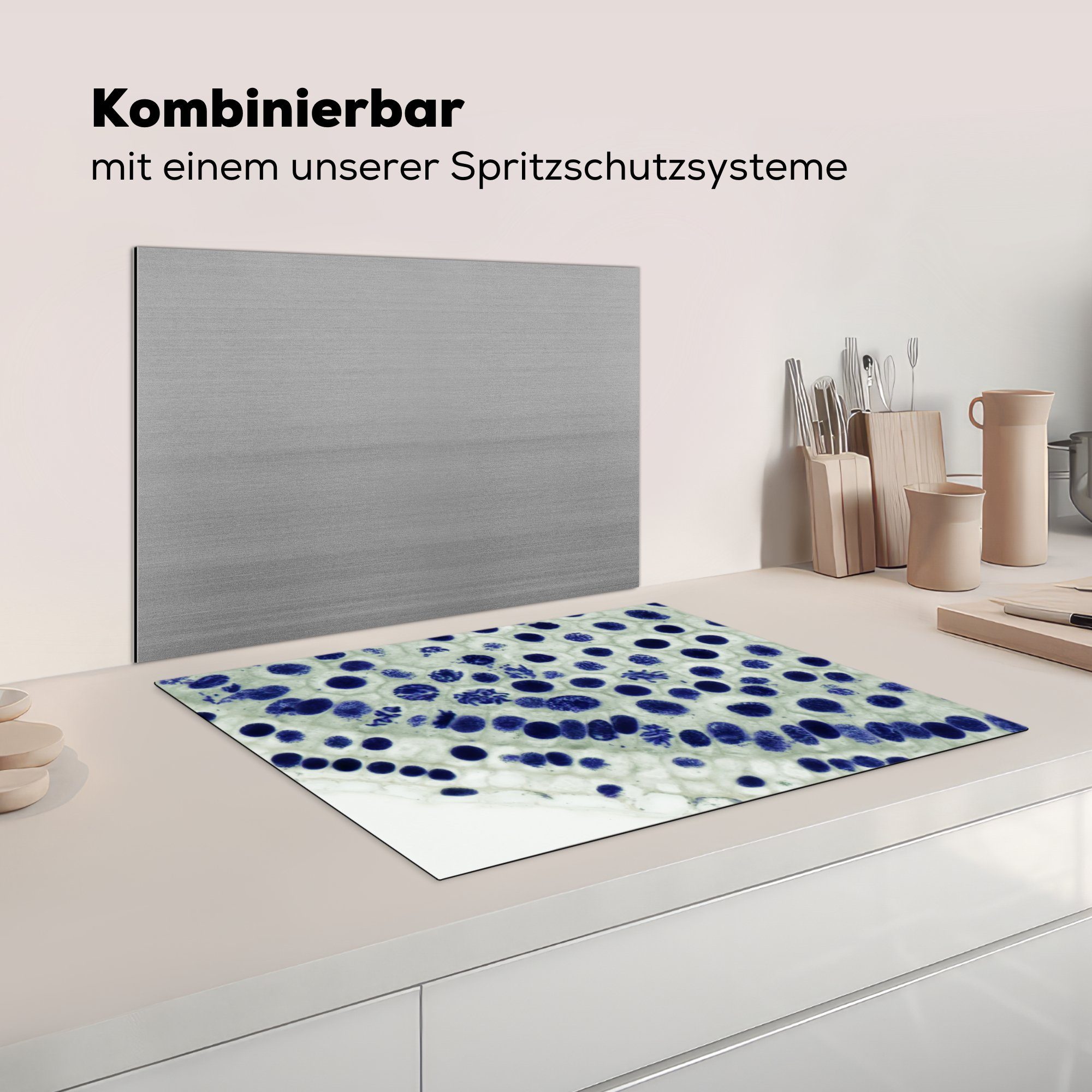 Mikroskop, Blaue Ceranfeldabdeckung (1 nutzbar, 70x52 Vinyl, Arbeitsfläche Zellen MuchoWow Herdblende-/Abdeckplatte unter cm, tlg), Mobile dem