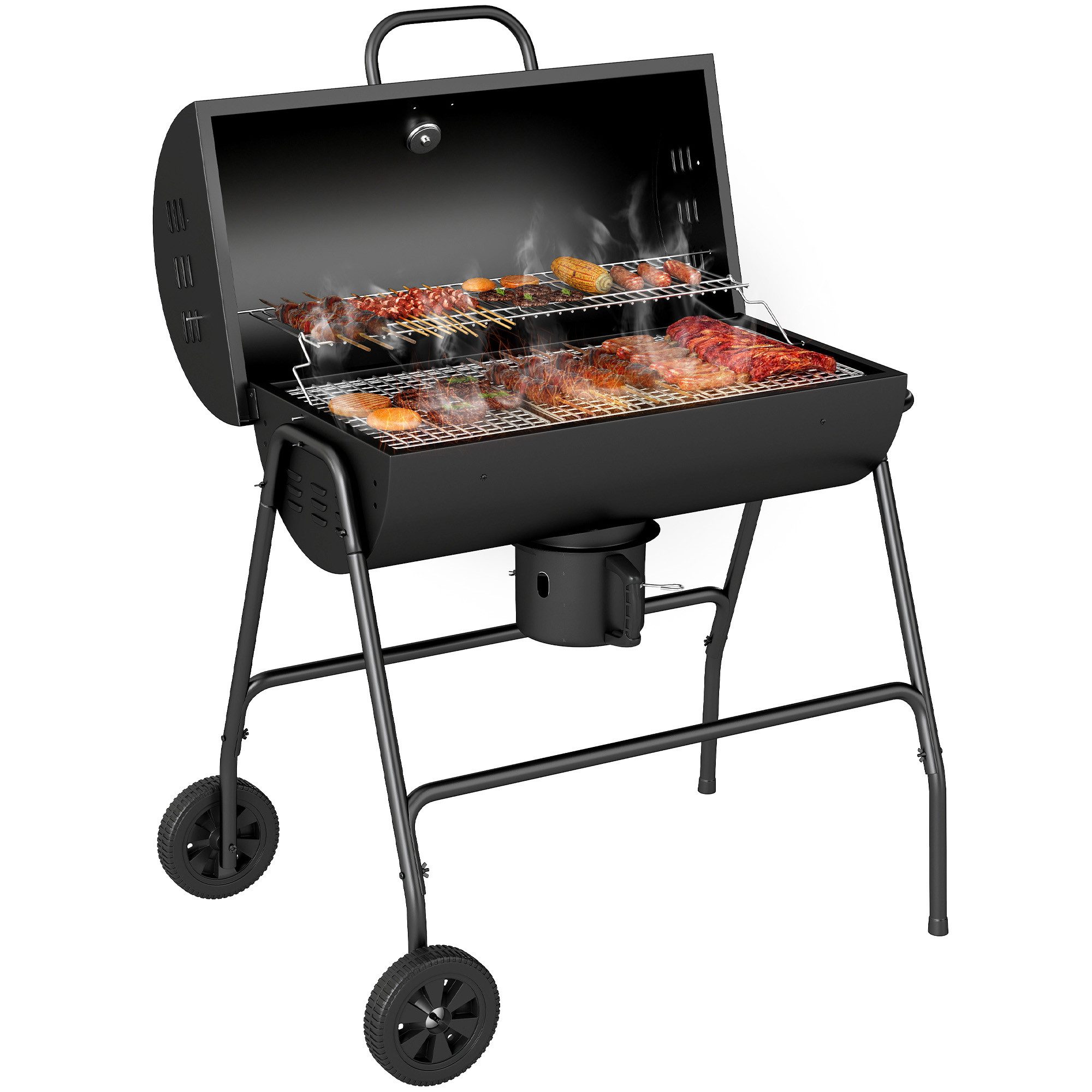 kowdom Smoker BBQ Grillwagen Metall mit Deckel & Thermometer 95 cm, Räder, freistehend, höhenverstellbare Kohlewanne, Thermometer, Aschefänger, Warmhalterost