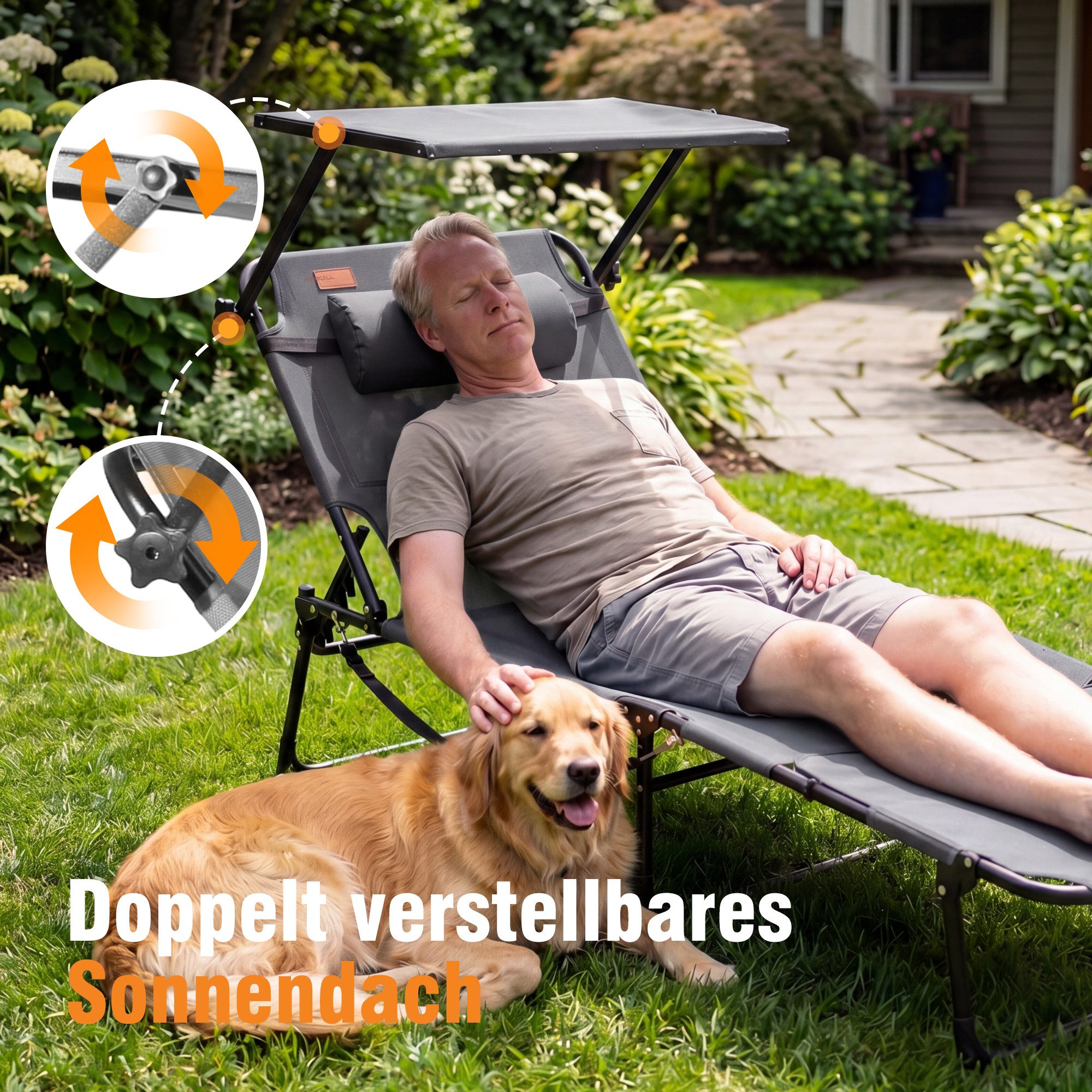 HOMECALL Gartenliege Sonnenliege mit Gesichtsöffnung und Sonnendach, klappbarer Liegestuhl, bis180 kg 200x70cm 4-Fach verstellbare Rückenlehne, 1 St., für Garten, Strand und Camping