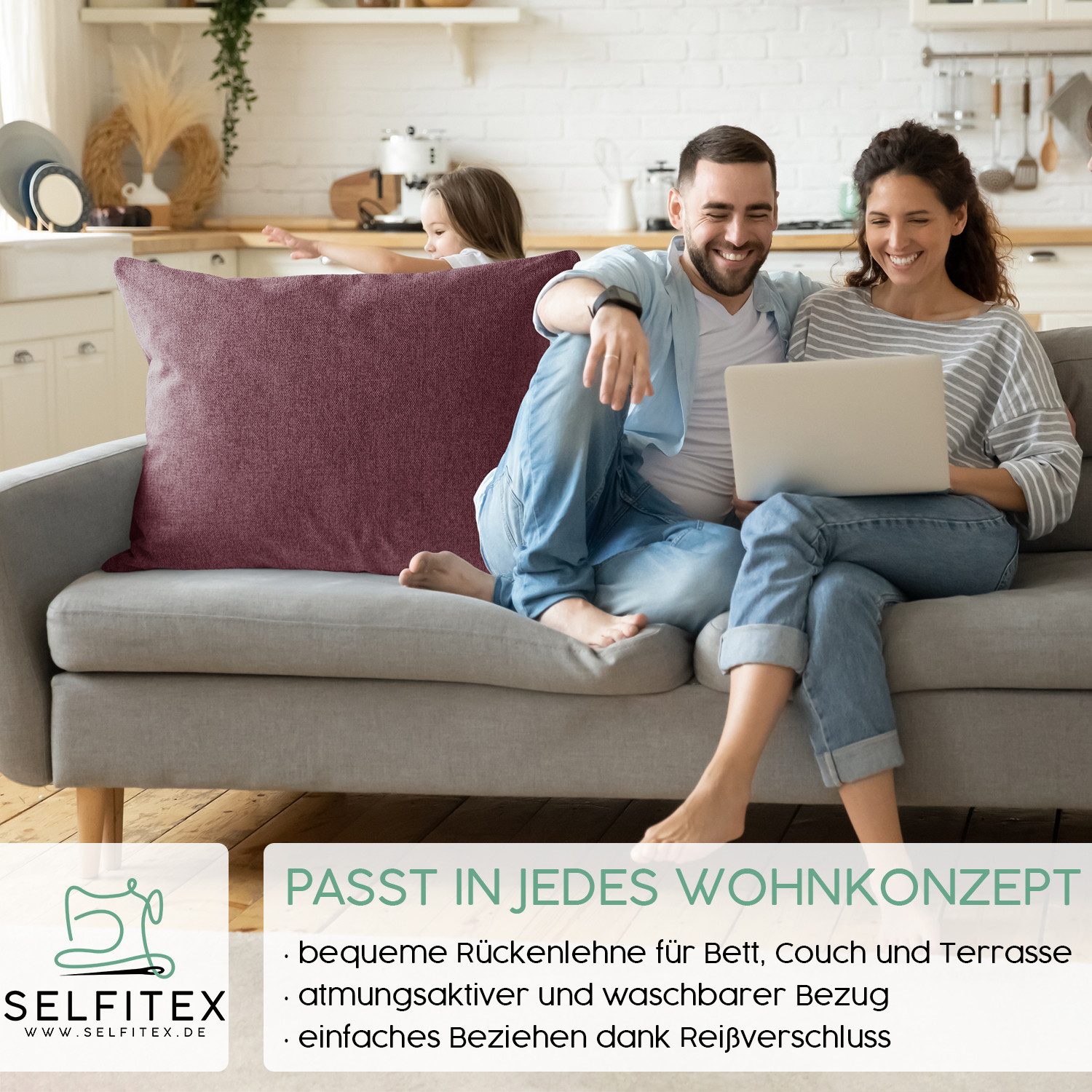 Selfitex Dekokissen 60x80 / 80x80 inkl. Füllkissen, große Farbauswahl, für Couch, Sofa und Bett