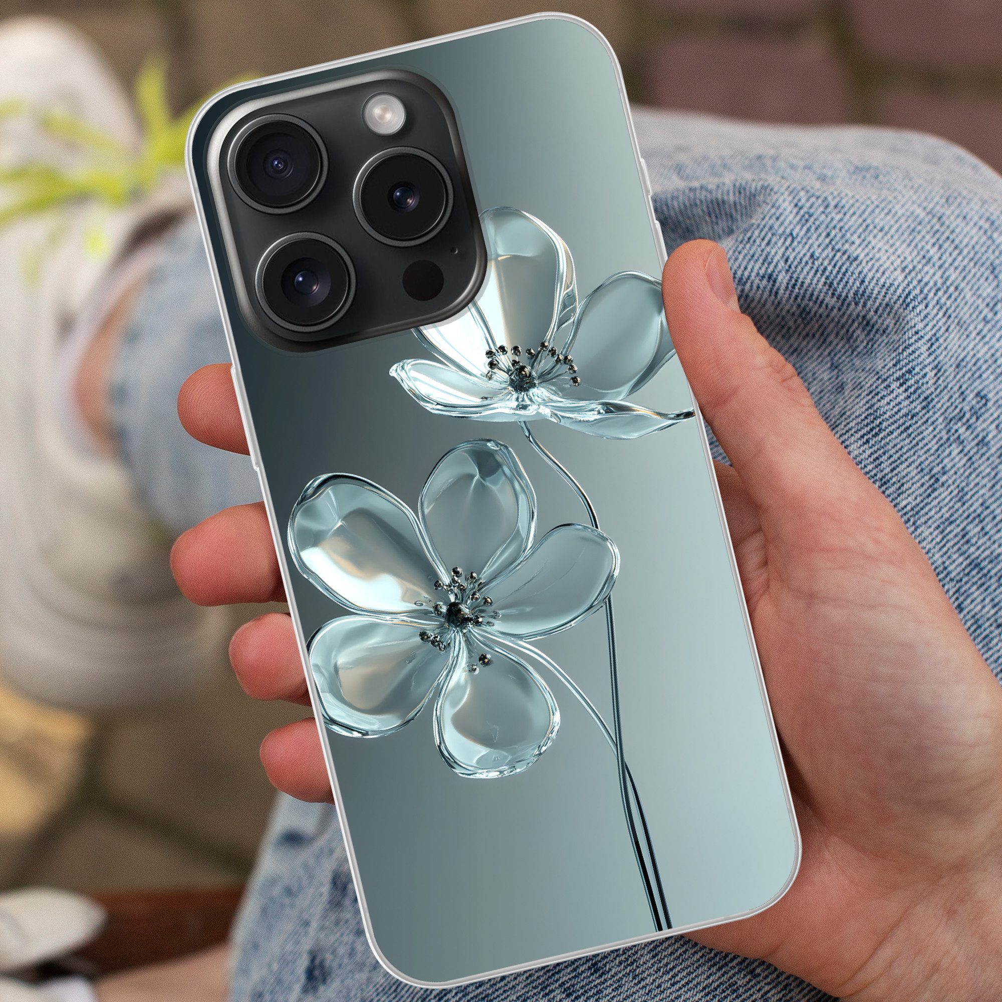 MuchoWow Handyhülle für Apple iPhone 15 Pro Kristall - Blumen - Grau, Smartphone-Bumper, Print, Handy Schutzhülle Dünn