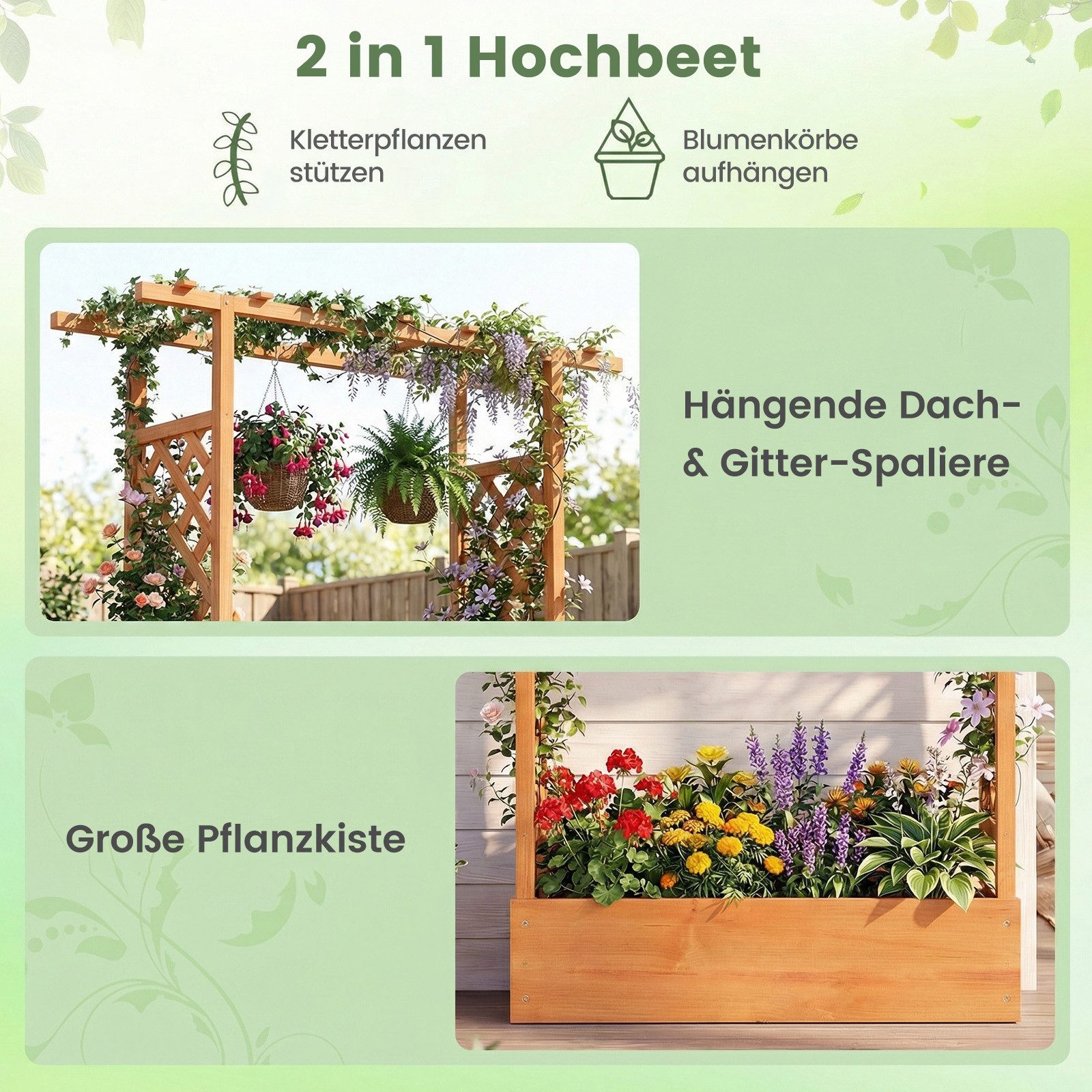 COSTWAY Blumenkasten (1 St), mit Rankgitter, Hochbeet für Kletterpflanzen, Sichtschutz