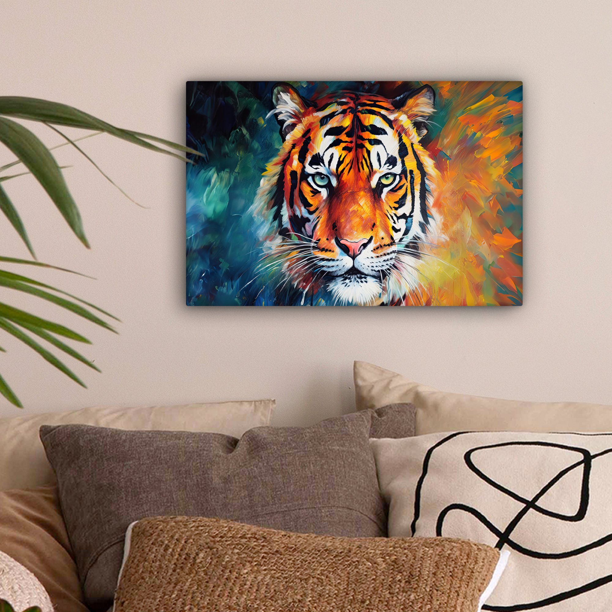 St), (1 OneMillionCanvasses® Leinwandbild Leinwandbilder, Wandbild - Ölgemälde Tiger Wanddeko, - Aufhängefertig, cm 30x20 Tiere Kunst, -